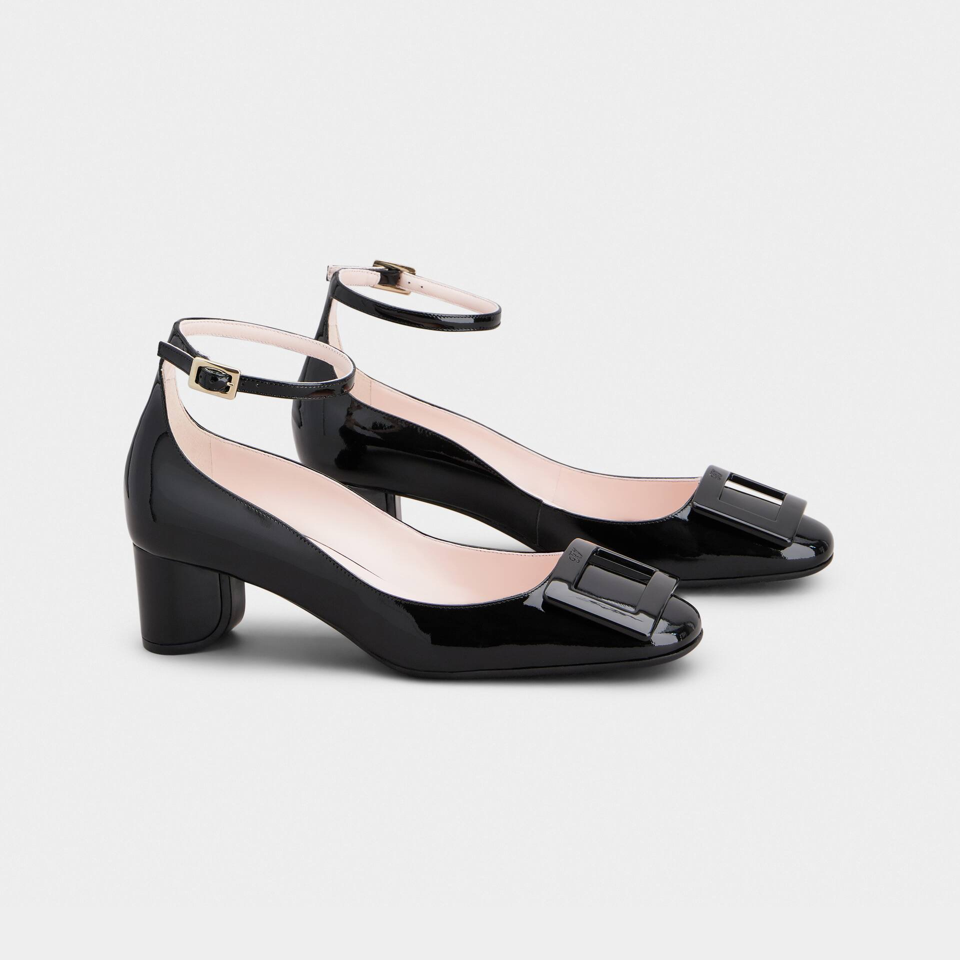 Roger Vivier Ankle Strap U Look Pumps High Heels In Black Patent Leather With Lacquered Metal Buckle (Heel Height 4.5cm)