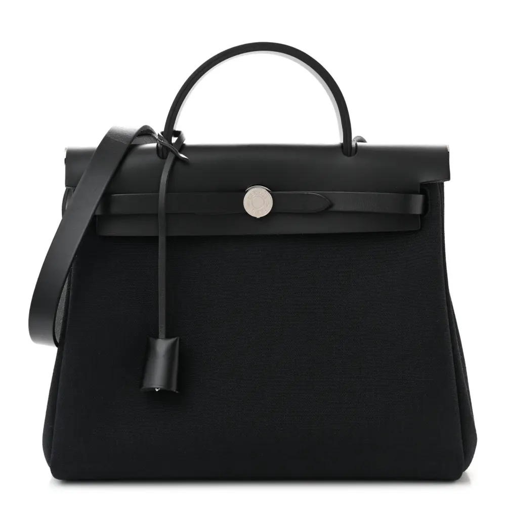 Hermès Herbag Zip PM 31 Black Military Toile & Vache Hunter Leather Palladium Silver Hardware