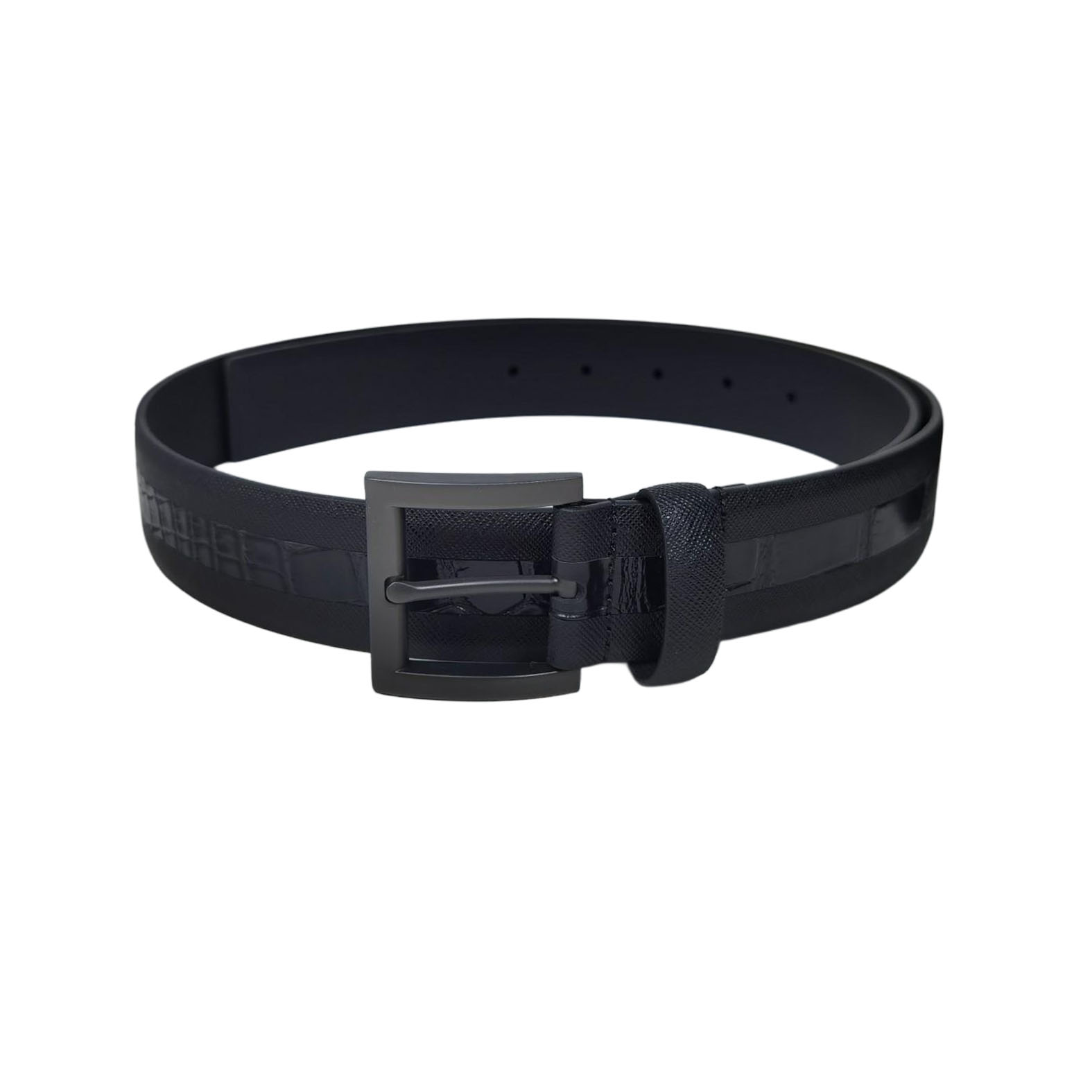 Prada Men' s Square Buckle Belt In Black Embossed Crocodile Calfskin With Silver/Black Hardware 35mm