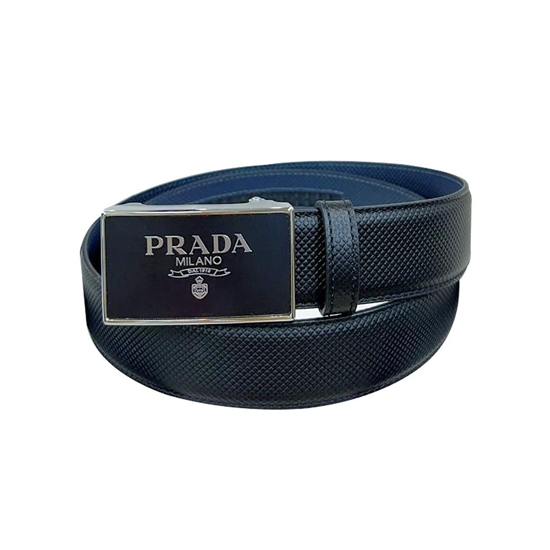 Prada Men' s Square Buckle Belt In Black Calfskin With Gold/Silver Hardware 35mm