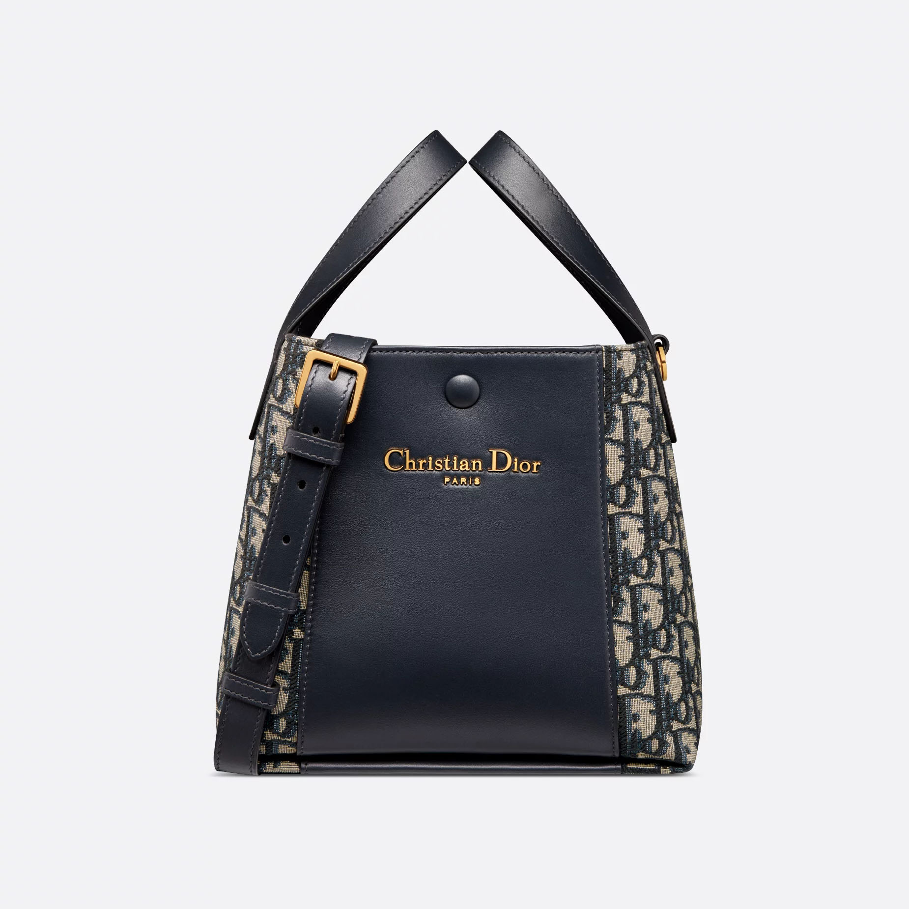 Dior Small Signature Bucket Bag In Blue Dior Oblique Jacquard/Black Grained Calfskin Gold Hardware