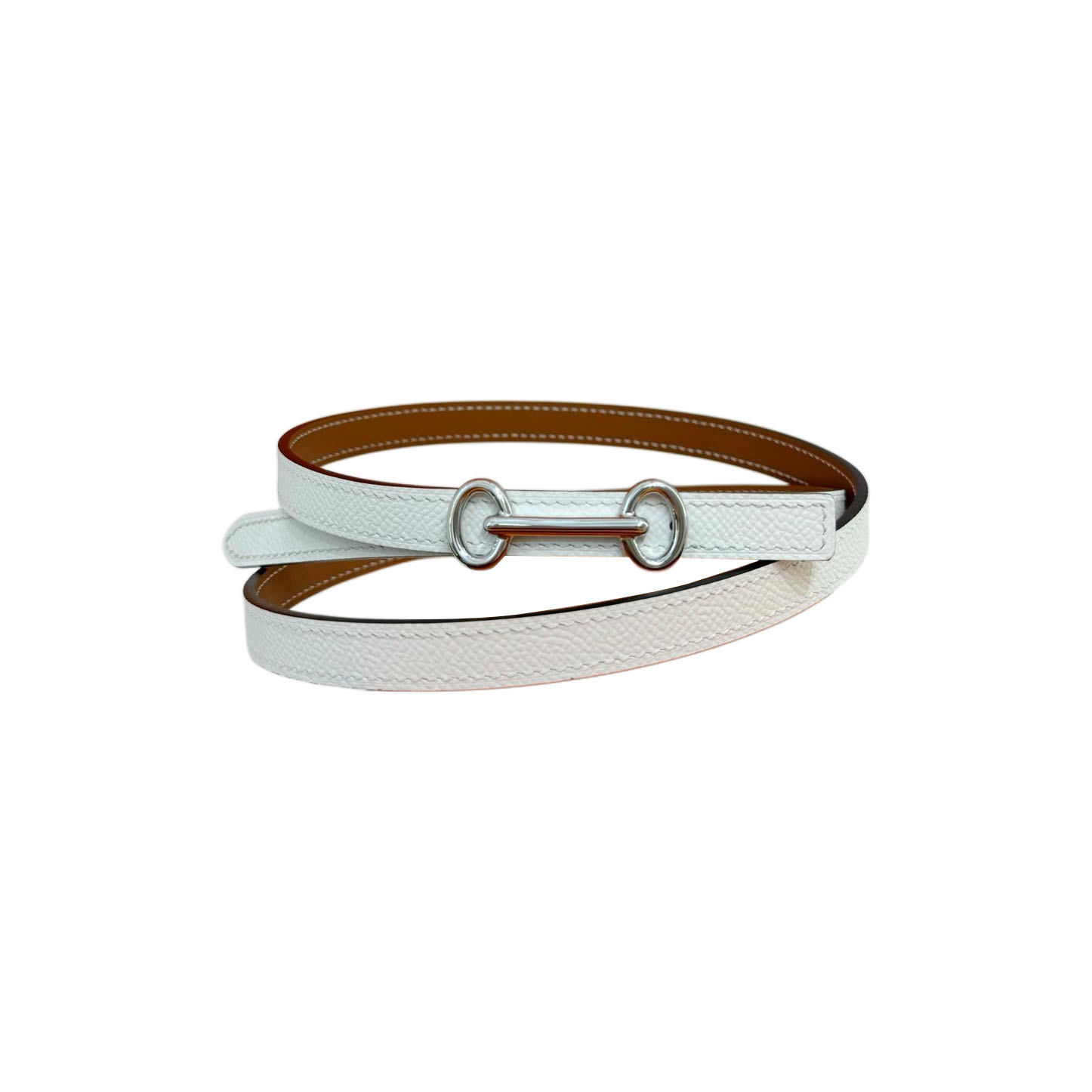 Hermès Women' s Horsebit Buckle Reversible Belt In White/Pink/Etoupe Calfskin With Gold/Silver Hardware 13mm