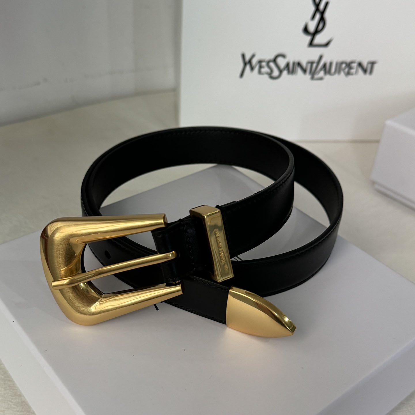 Saint Laurent Folk Buckle Belt In Black Brushed Leather With Gold/Silver Hardware 25mm