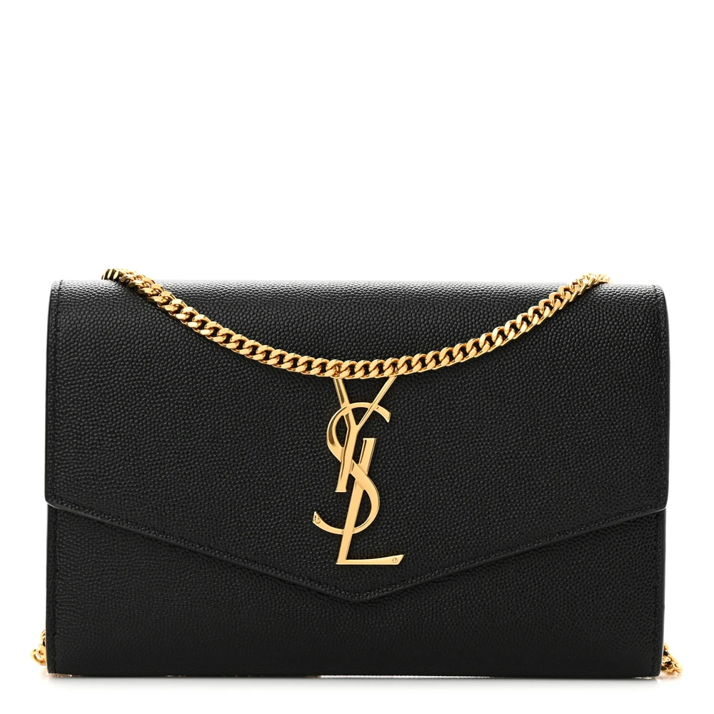 Saint Laurent Small Uptown Chain Wallet Black Grain De Poudre Leather Gold Hardware
