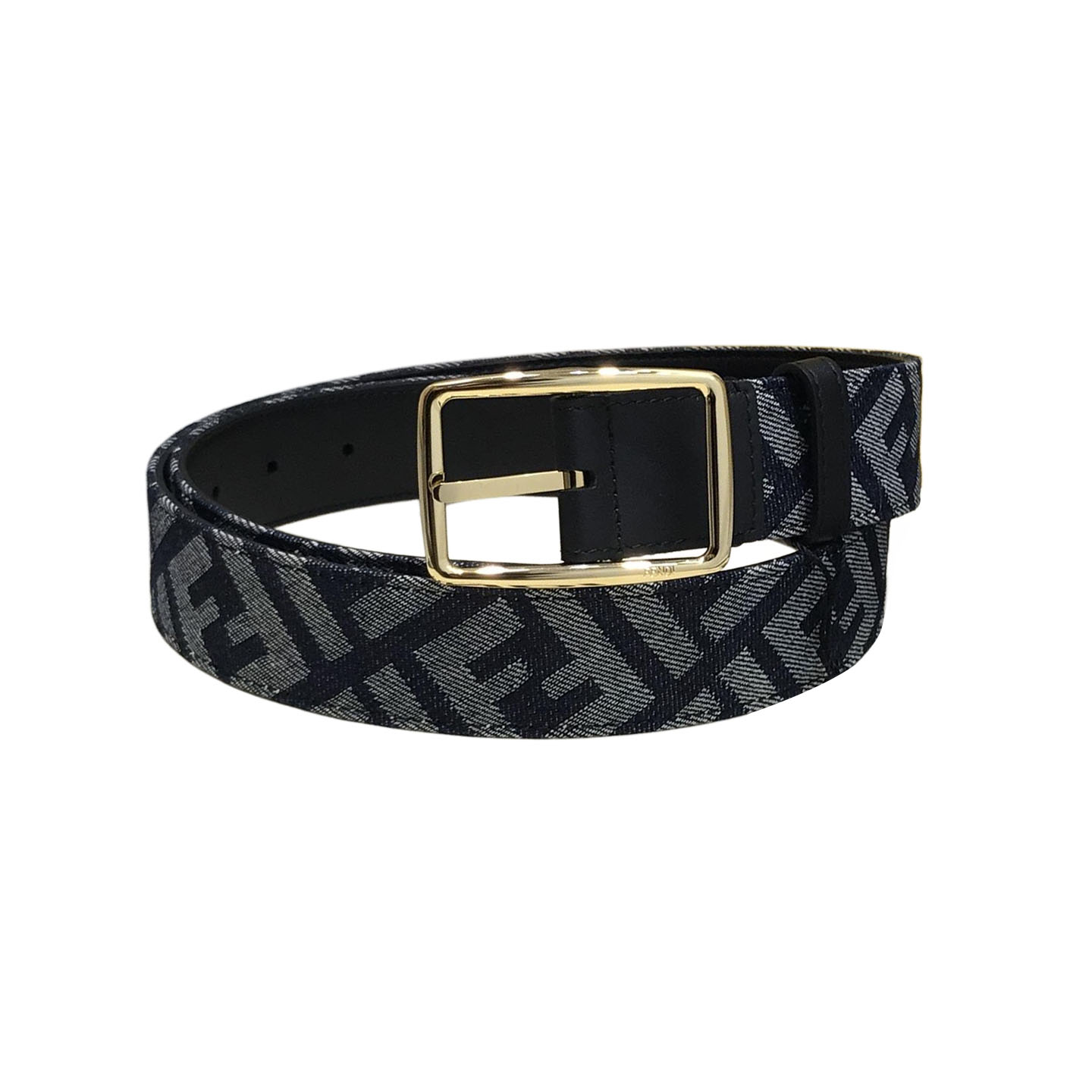 Fendi Men's Rectangle Buckle Belt In Blue Denim FF Monogram With Gold/Silver Hardware 35mm