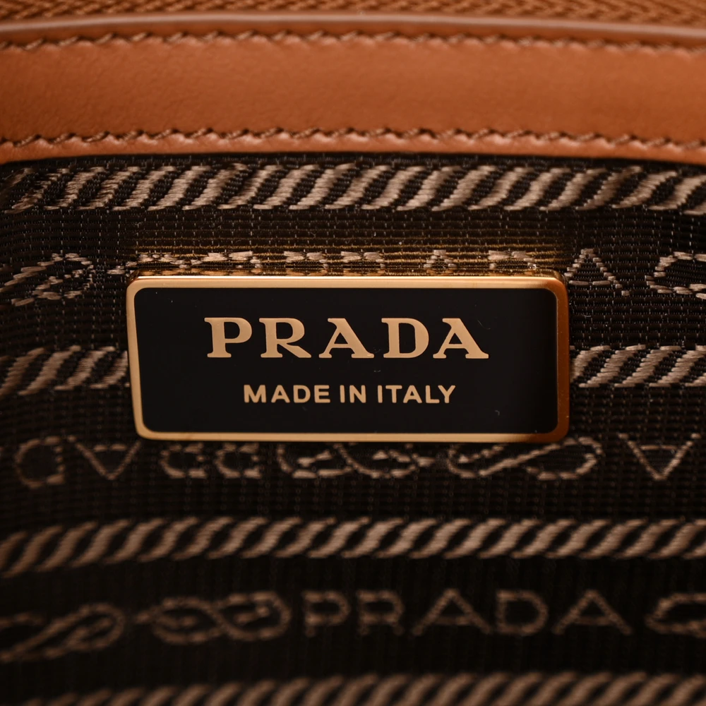 Prada Large Triangolo Symbole Embroidered Tote Tobacco/Talco Jacquard Saffiano Leather