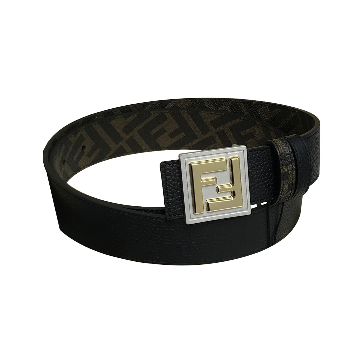 Fendi Men's Square Buckle Belt In Black/Brown Grained Calfskin And Monogram Canvas With Gold/Silver Hardware 35mm