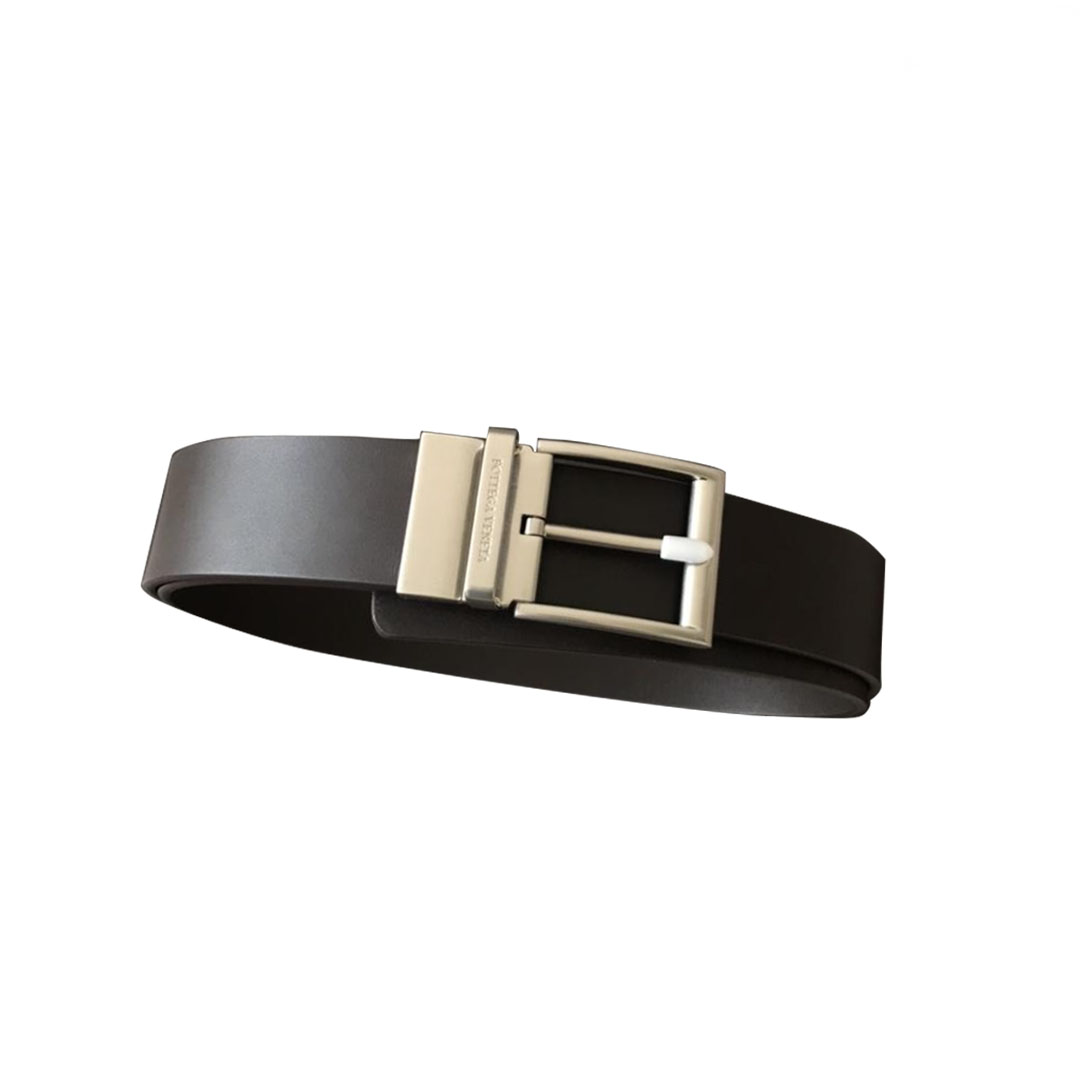 Bottega Veneta Men's  Square Buckle Belt In Coffee/Black Calfskin With Silver Hardware 35mm