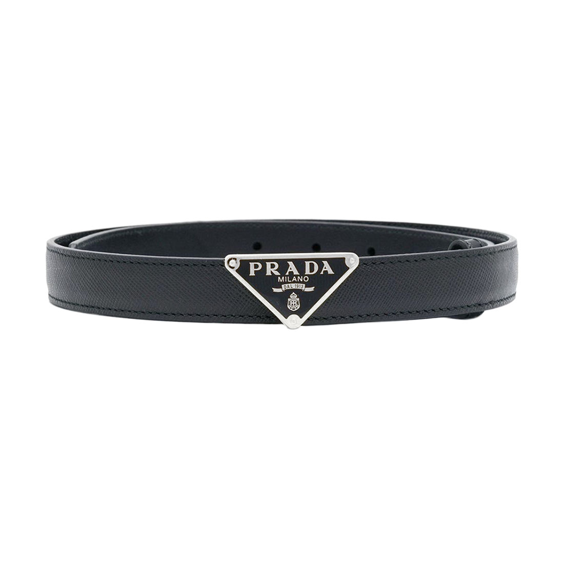 Prada Women' s Triangled Buckle Belt In Black Calfskin With Gold/Silver Hardware 30mm