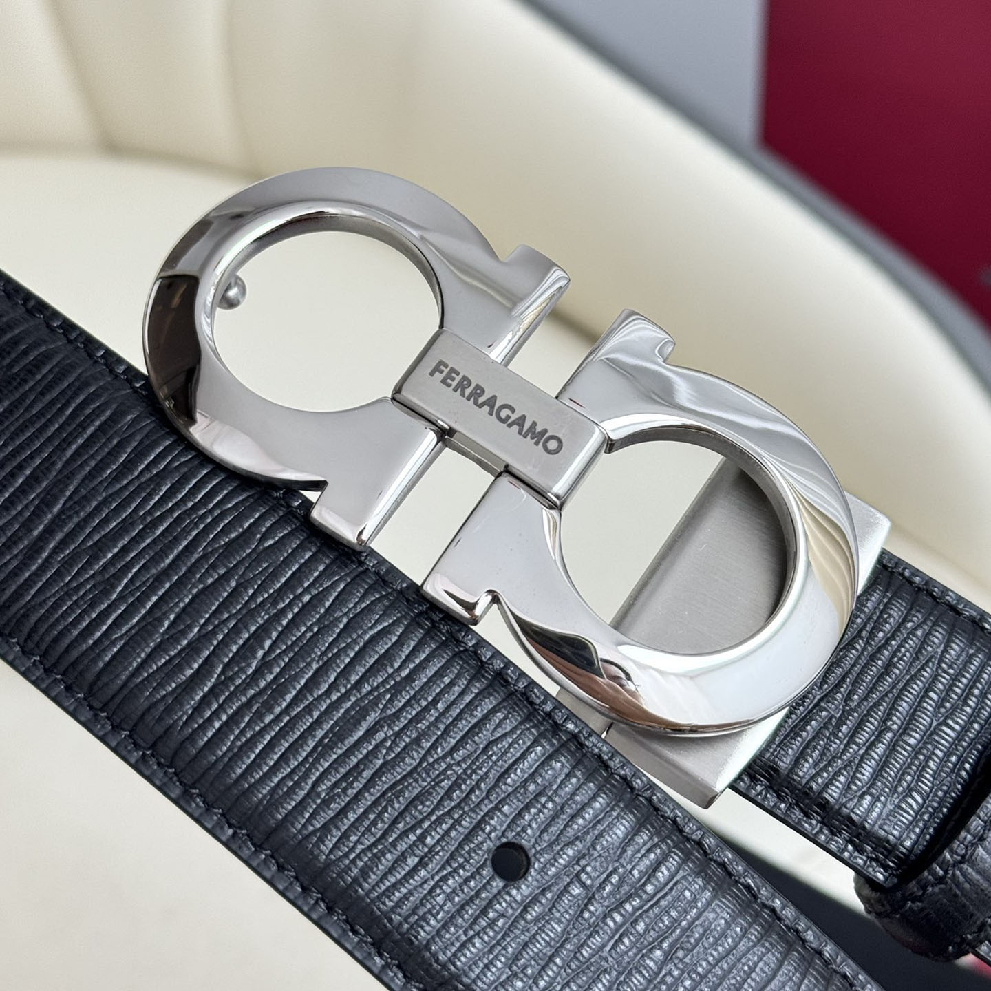 Ferragamo Men's Double Gancini Buckle Reversible Belt In Black Calfskin With Gold/Silver/Black Hardware 35mm