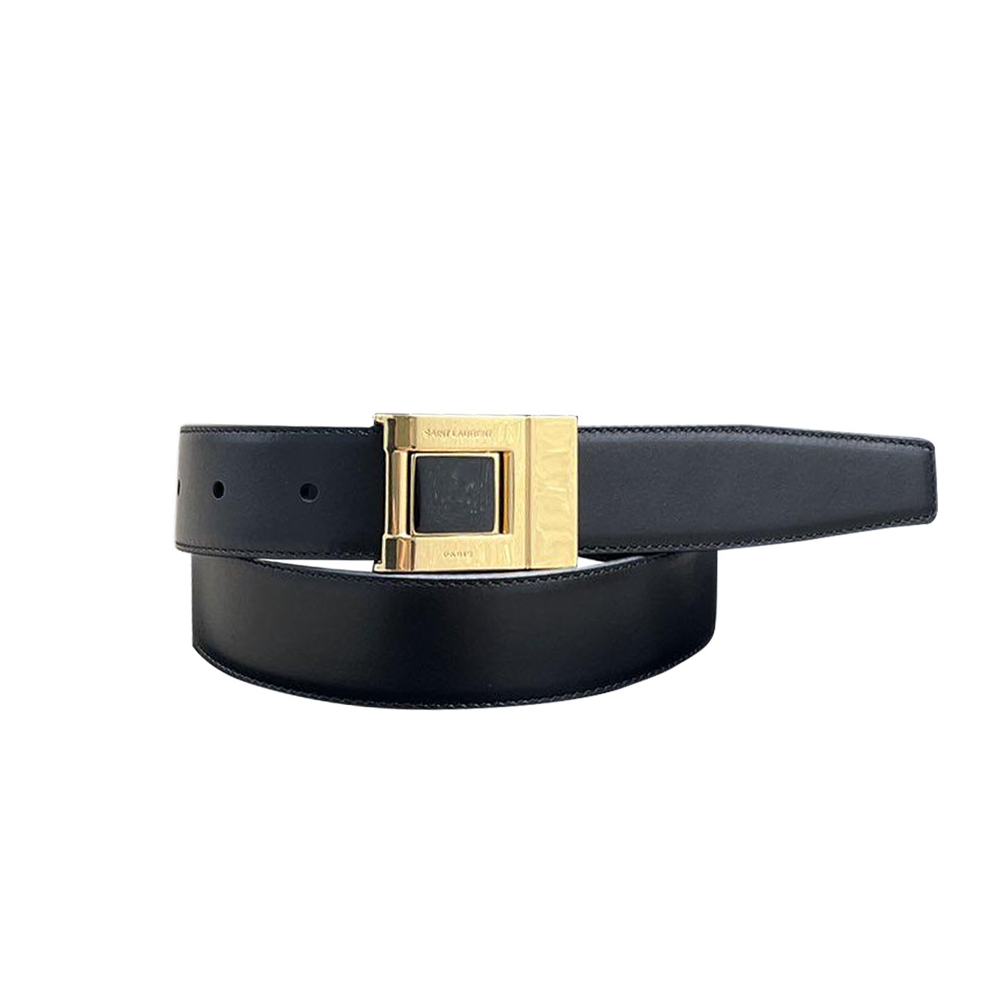 Saint Laurent Square Buckle Belt In Black/Burgundy Calfskin With Gold Hardware 30mm