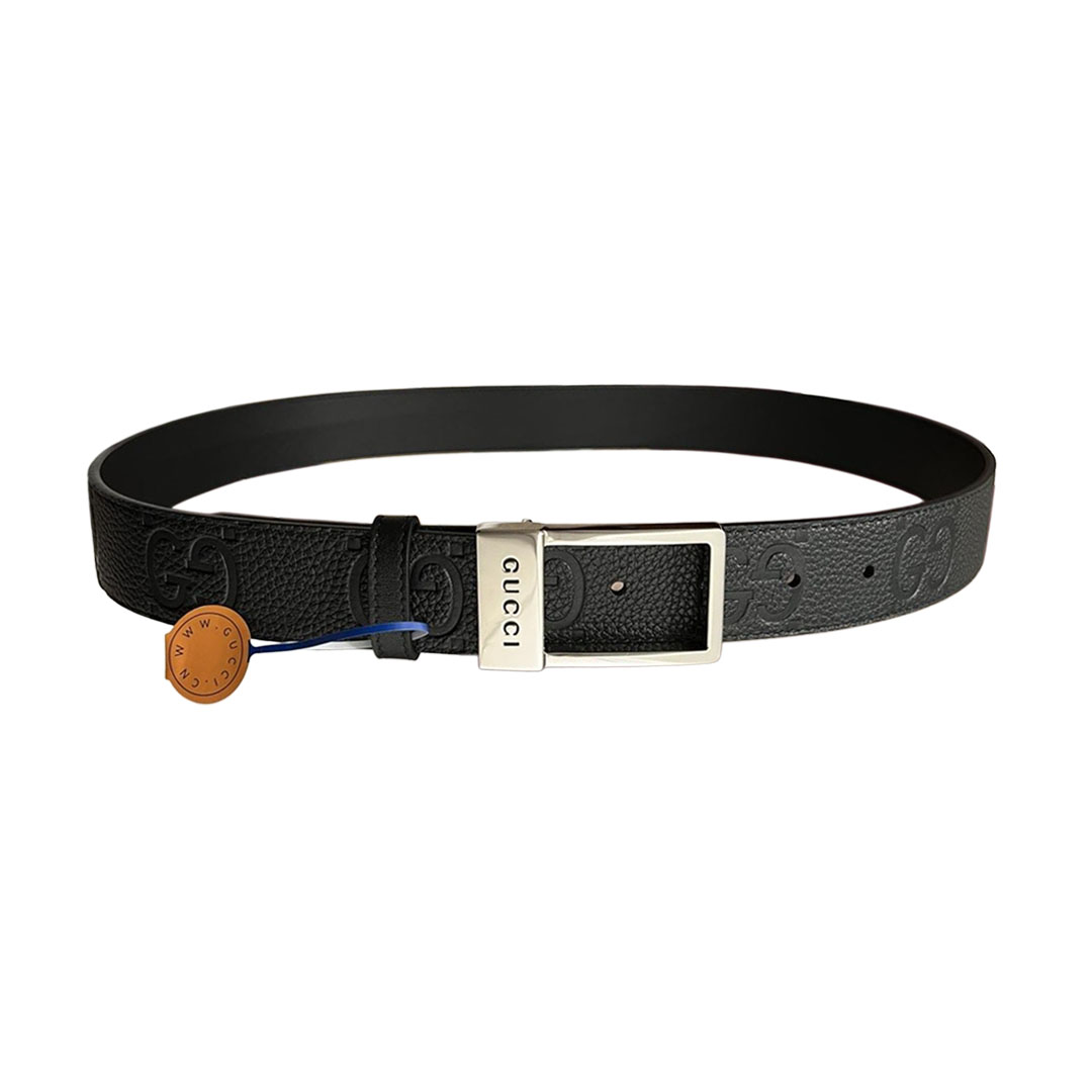 Gucci Men's Rectangular Buckle Reversible Belt In Black Monogram Calfskin With Gold/Silver Hardware 35mm
