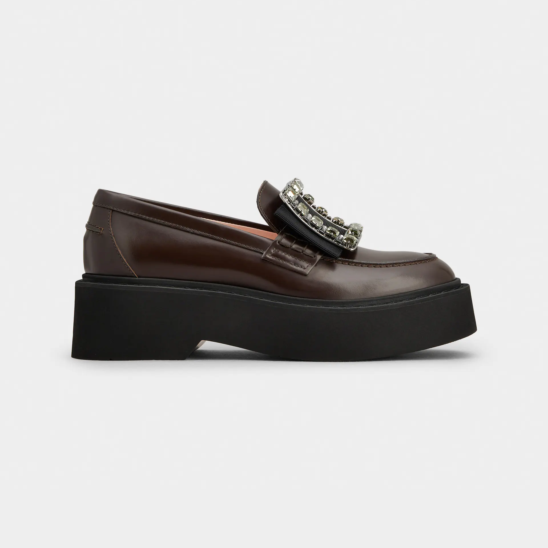 Roger Vivier Viv' Rangers Loafers In Brown Leather With Crystal Buckle (Heel Height 5.5cm)