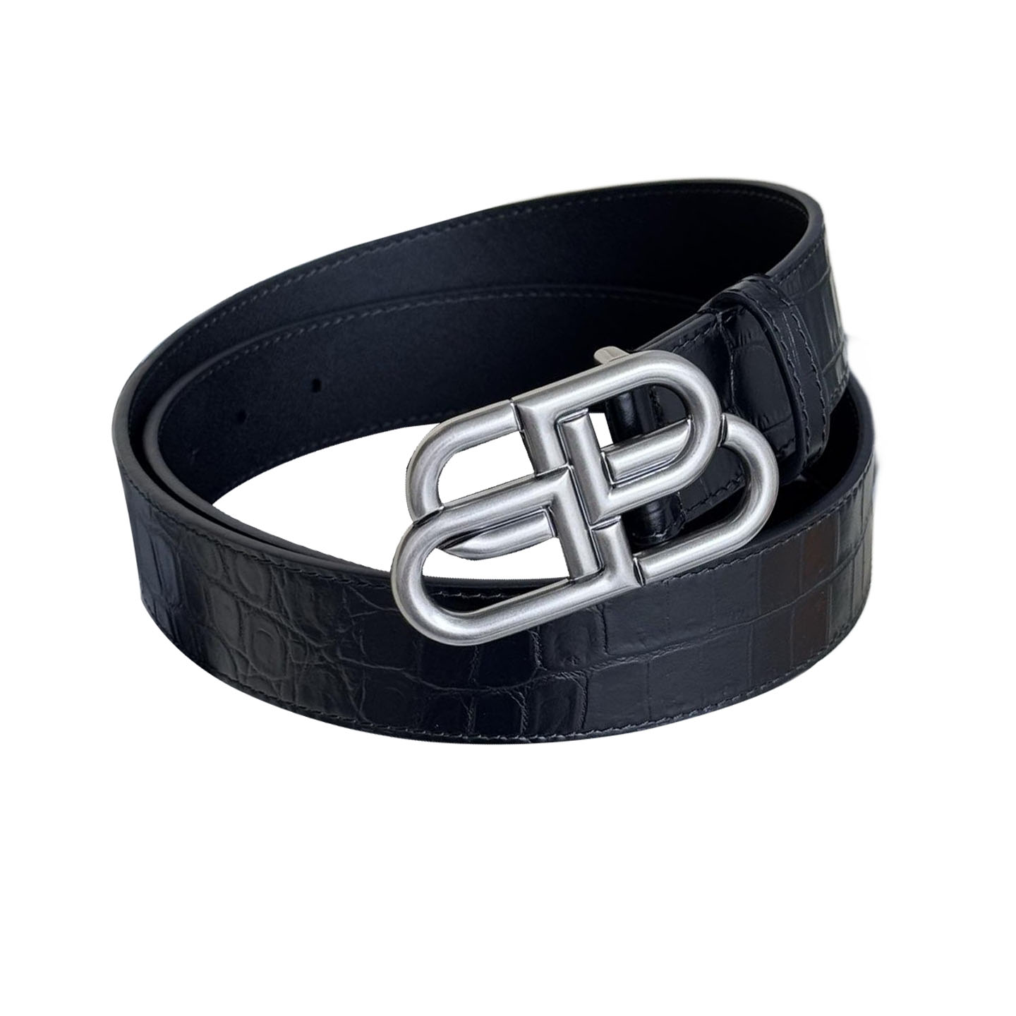 Balenciaga Men's New BB Palladium Buckle Belt In Black Embossed Crocodile Calfskin With Silver/Gold/Matte Black Hardware 35mm