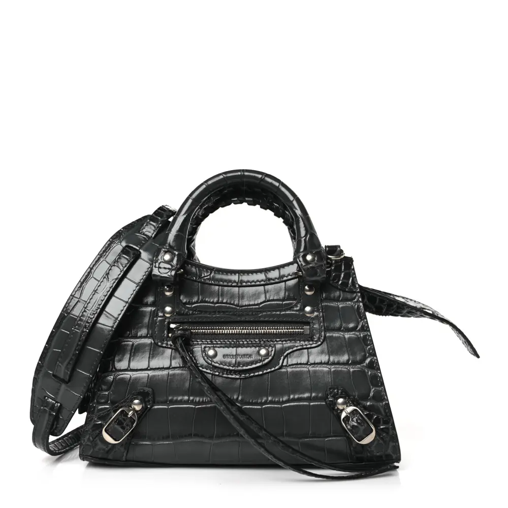 Balenciaga Mini Neo Classic City Bag Dark Grey Crocodile Embossed Calfskin Leather Silver Hardware
