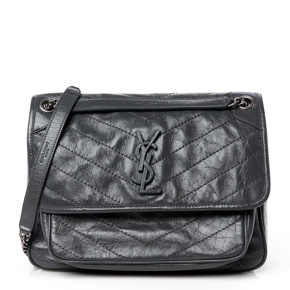 Saint Laurent Medium Niki Chain Satchel Storm Crinkled Monogram Calfskin Matelasse Leather