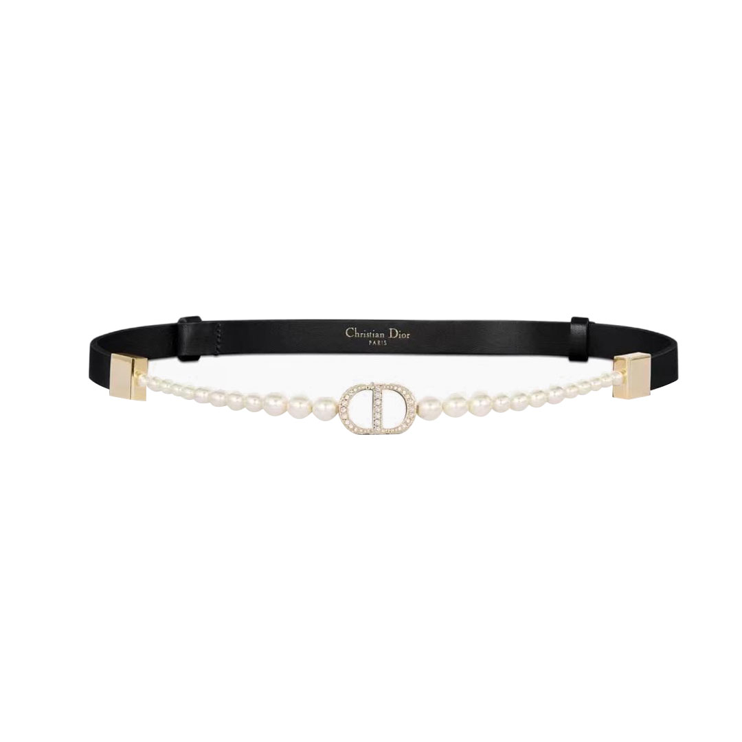 Dior Women' s  30 Montaigne CD Pearls Chain Adjustable Belt In Black Calfskin With Gold Hardware 15mm One Size