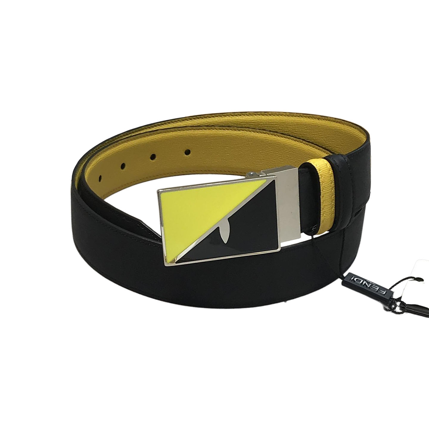 Fendi Men's FF Monster Eyes Reversible Belt In Blue/Black/Yellow Calfskin With Silver Hardware 35mm