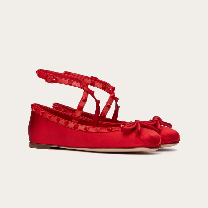 VALENTINO Rivet satin red ballet flats shoes