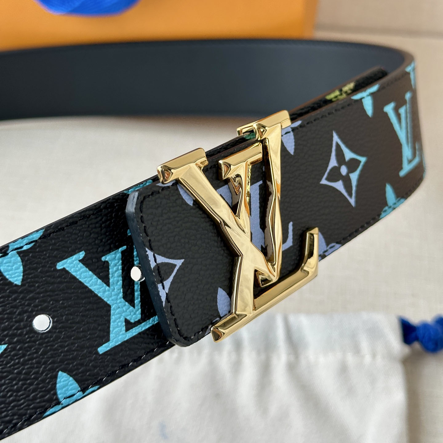 Louis Vuitton Men's Initiales Belt In Black/Blue/White/Dark Blue Monogram Canvas With Gold/Silver/Gun Black Hardware 40mm