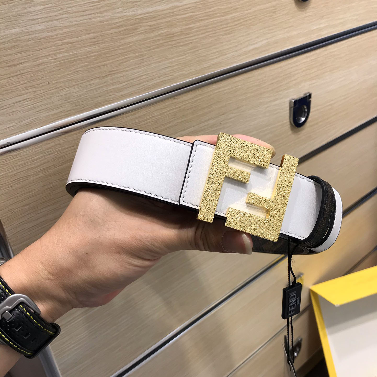 Fendi Men's FF Reversible Belt In White/Black Calfskin And FF Monogram Canvas With Gold/Silver Hardware 38mm