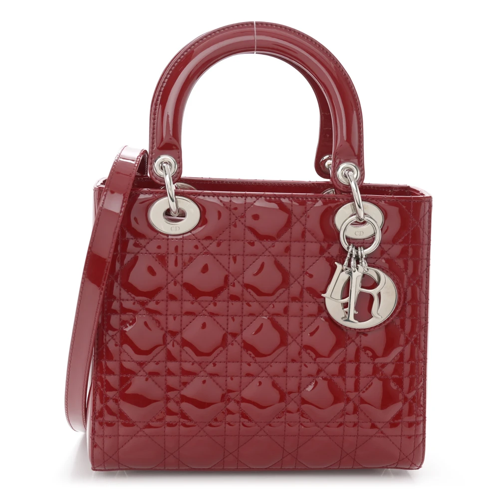 Dior Medium Lady Dior Dark Red Patent Cannage Calfskin Leather Silver Hardware