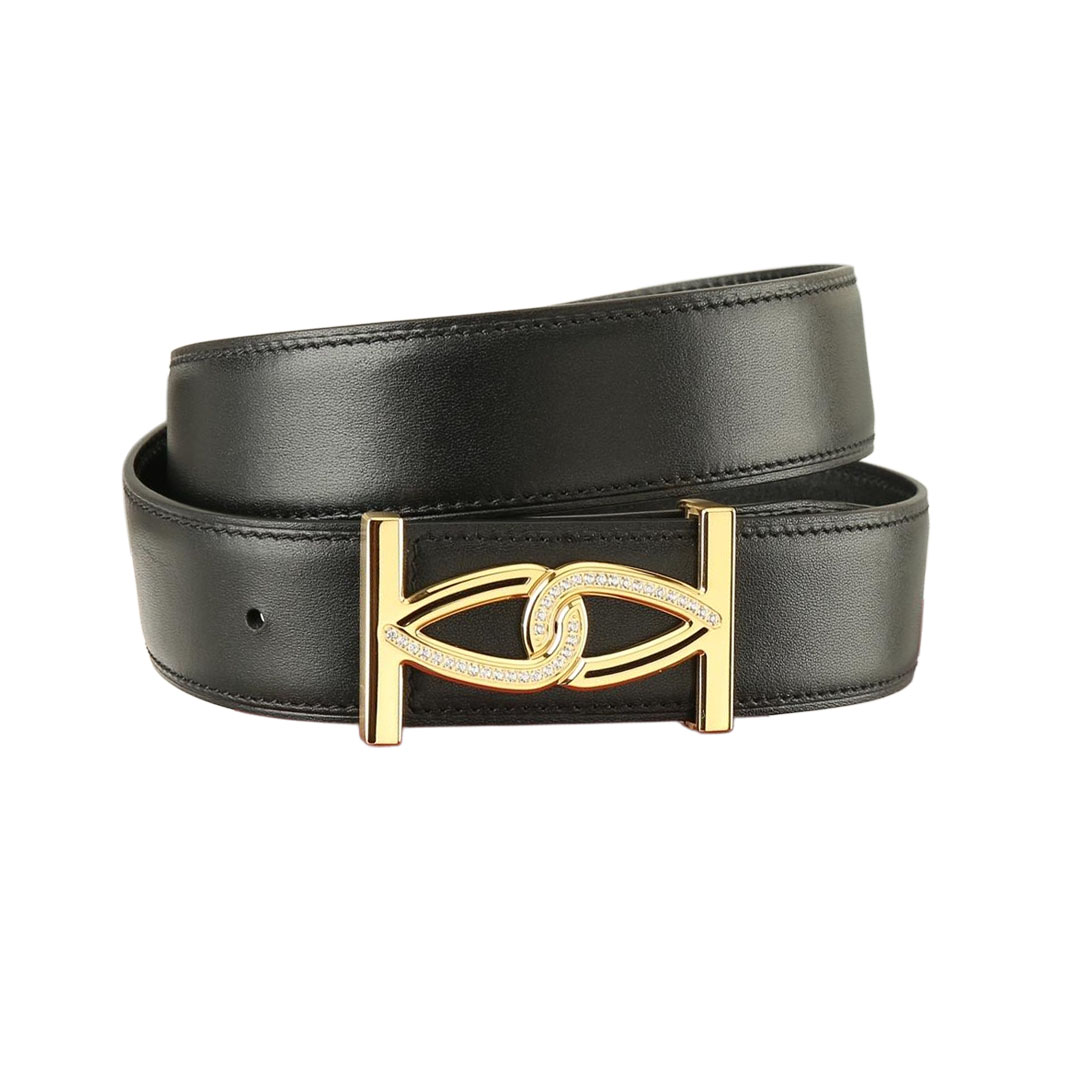 Ferragamo Men's Square Buckle With Crystal Belt In Black Calfskin With Gold/Silver Hardware 38mm