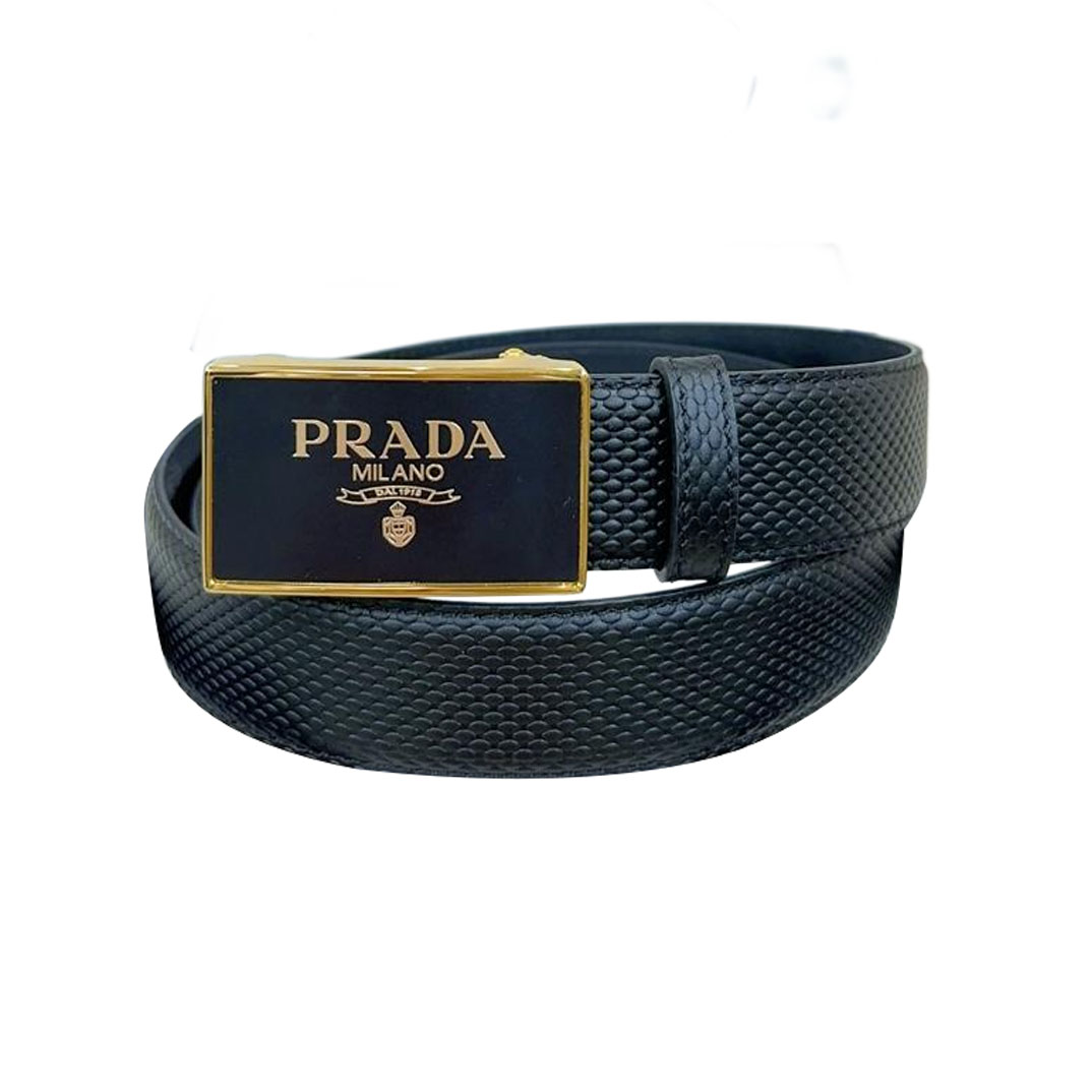 Prada Men' s Square Buckle Belt In Black Calfskin With Gold/Silver Hardware 35mm