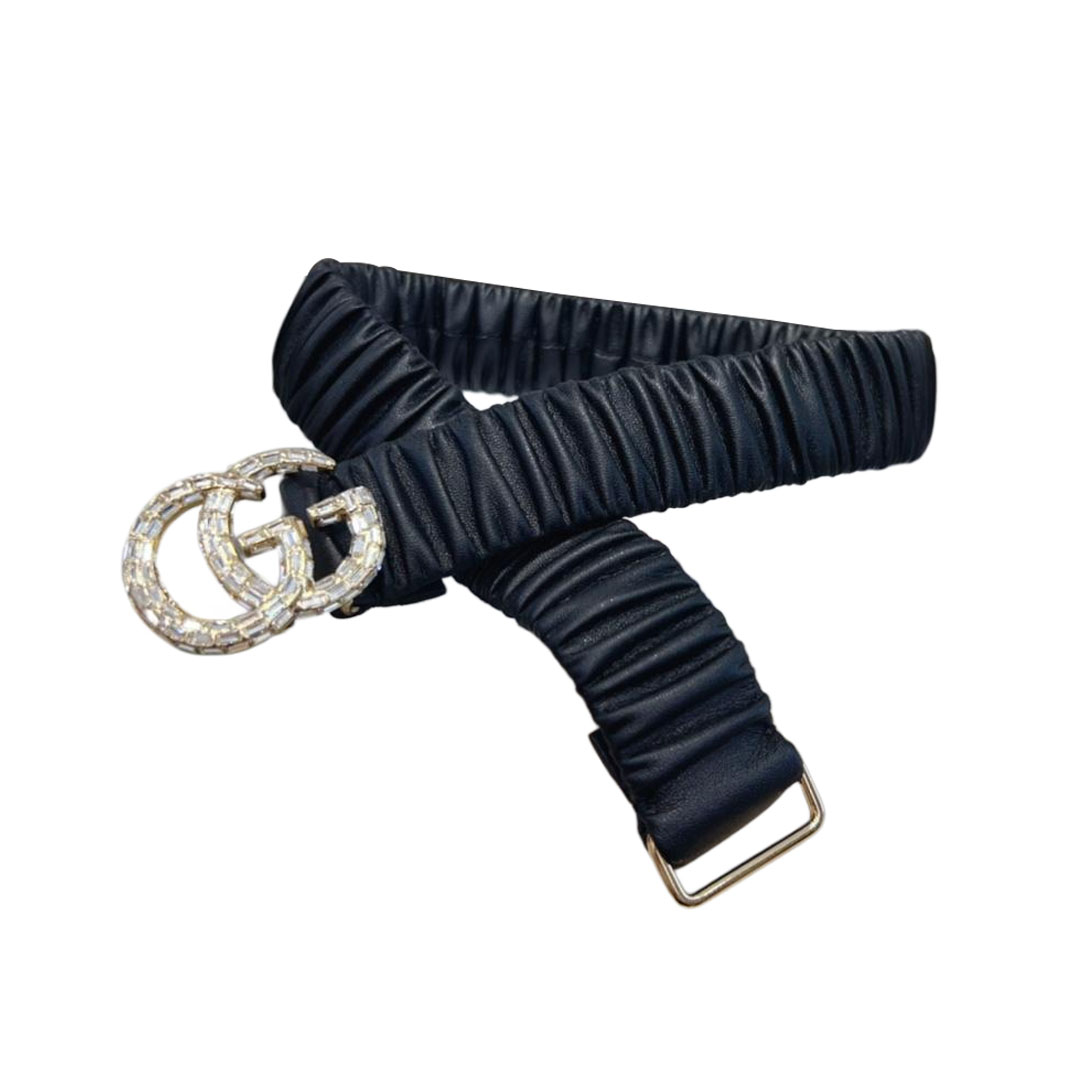 Gucci Women's GG Buckle With Crystals Elastic Belt In Black Calfskin With Silver Hardware 30mm/40mm
