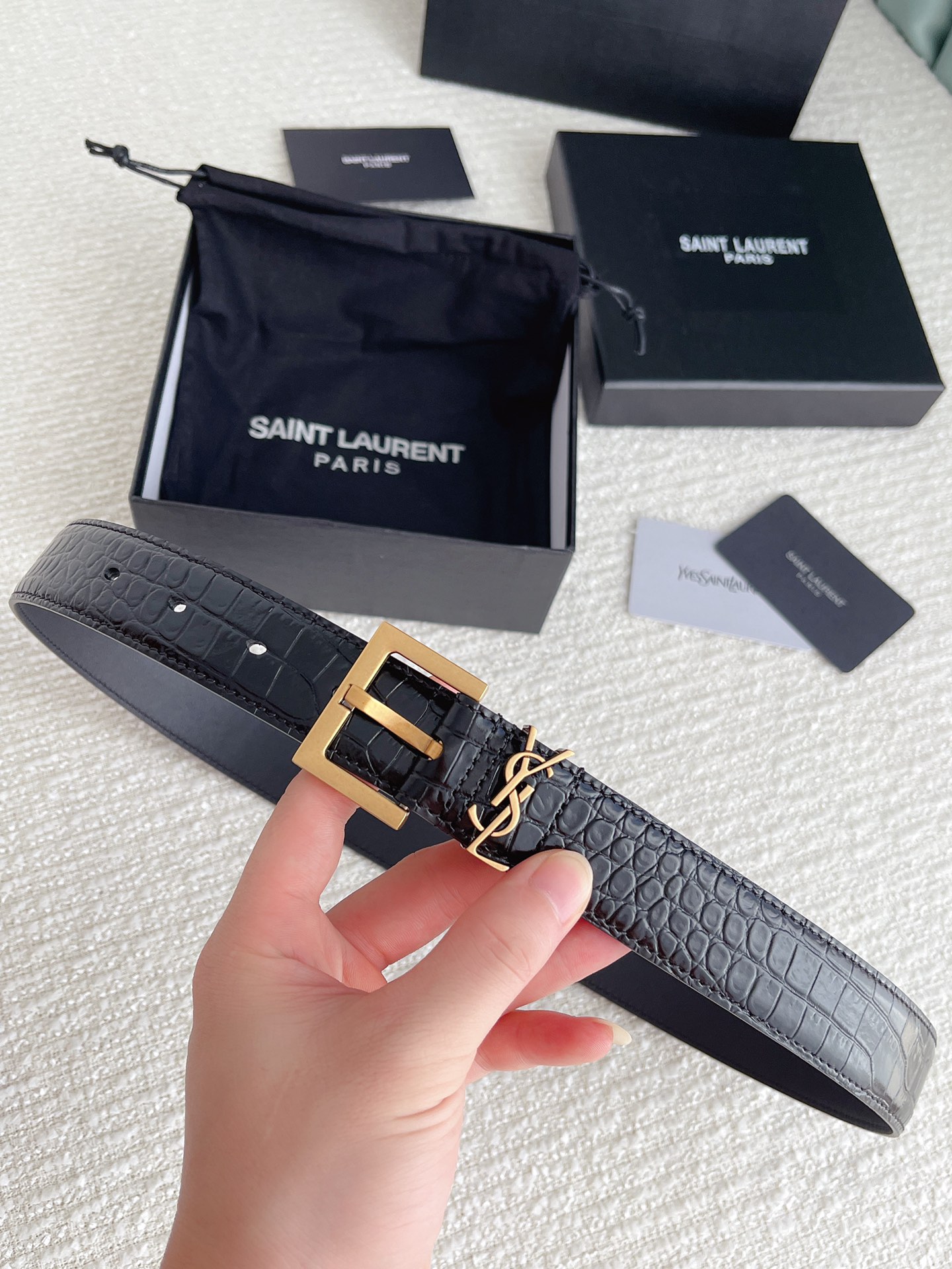 Saint Laurent Cassandre Belt In Black Crocodile-Embossed Calfskin With Gold/Silver/Black Hardware 30mm