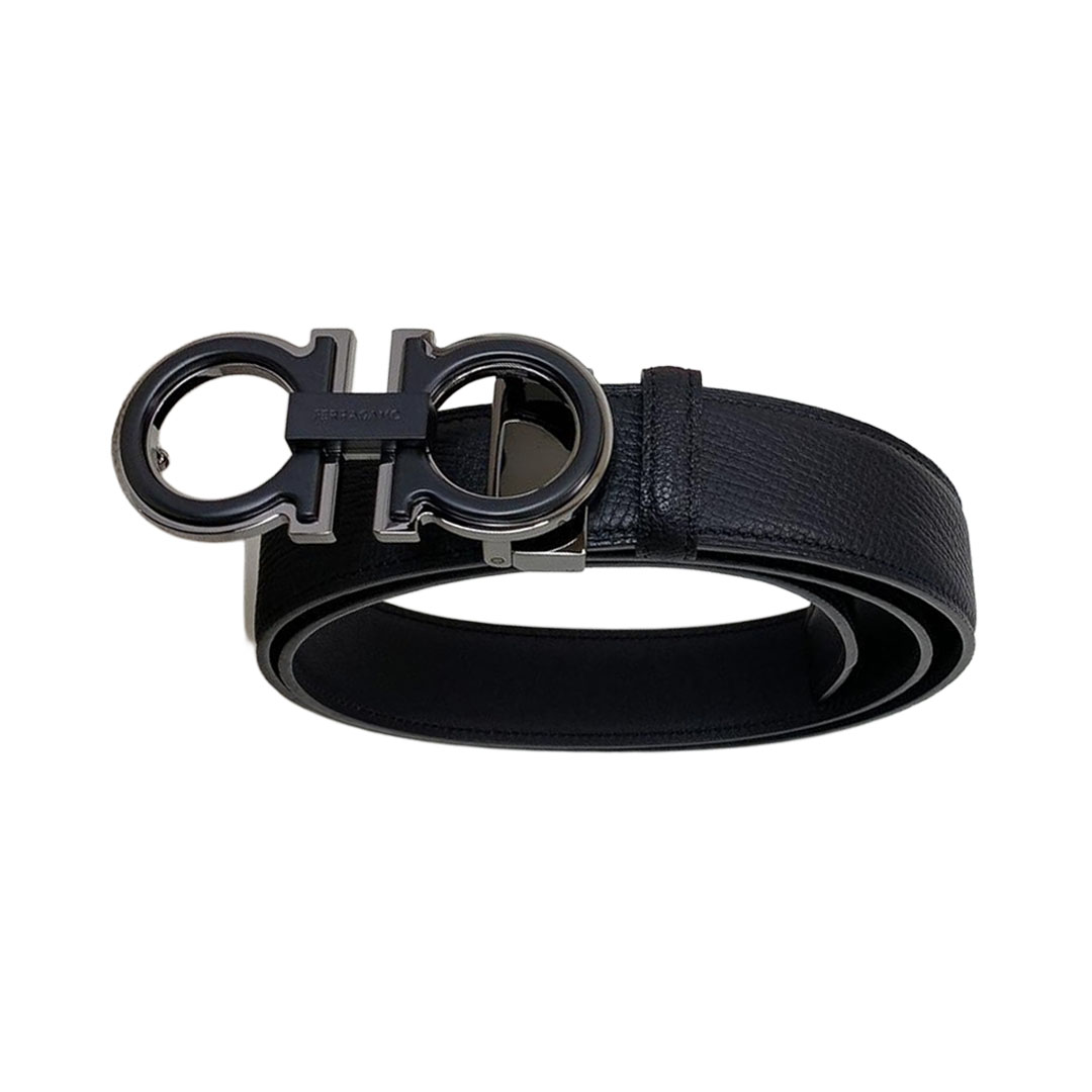 Ferragamo Men's Double Gancini Buckle Reversible Belt In Black/Coffee Saffiano Calfskin With Gold/Silver/Gun Black Hardware 35mm
