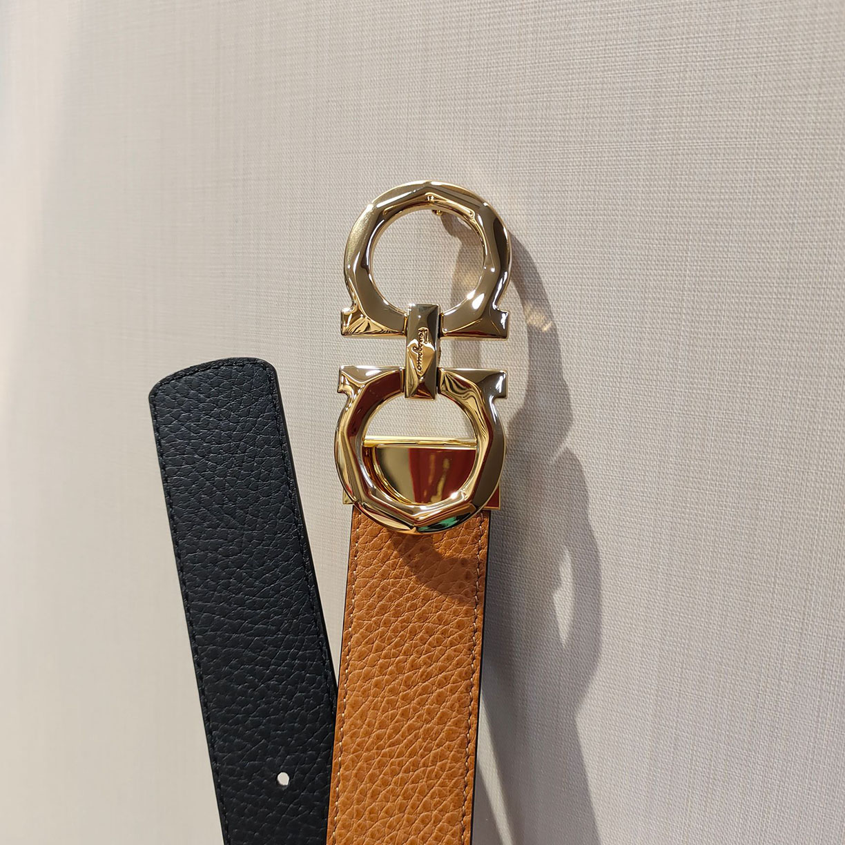 Ferragamo Men's Double Gancini Buckle Reversible Belt In Orange/Black/Brown/Blue Grained Calfskin With Gold/Silver Hardware 35mm