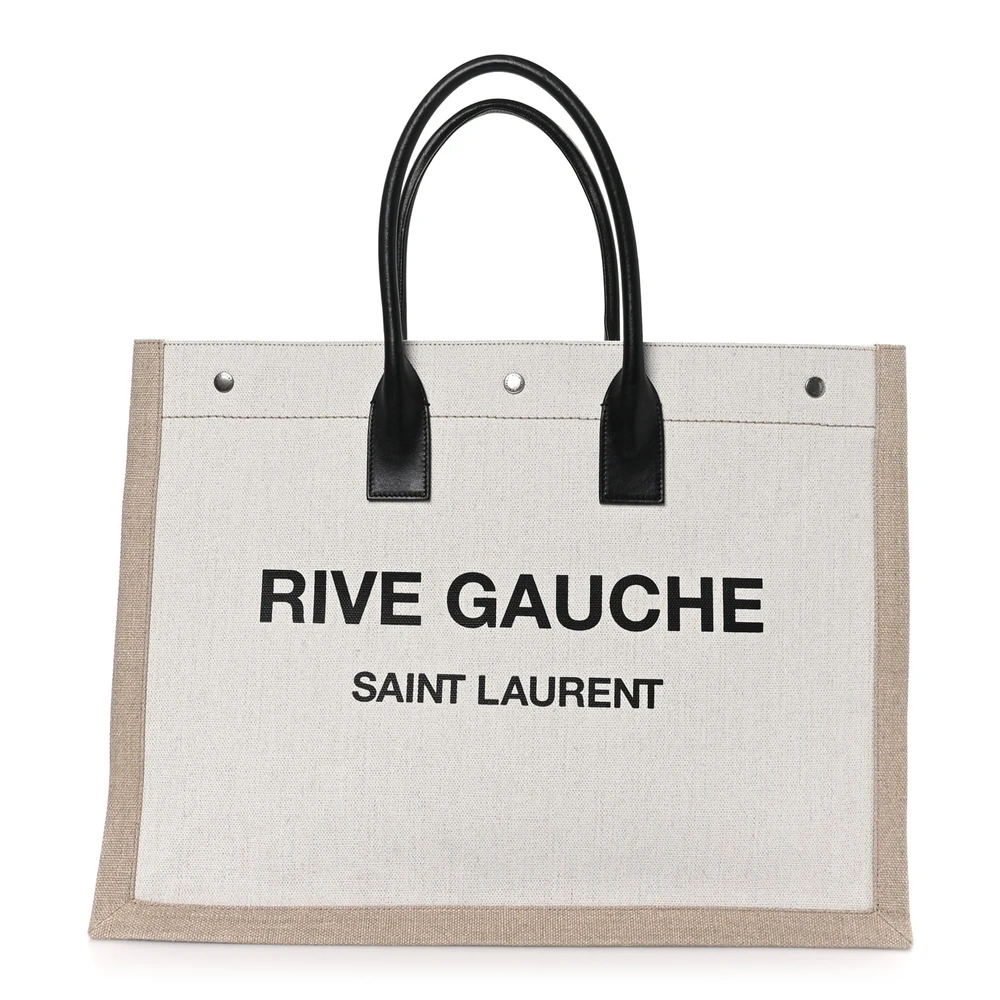 Saint Laurent Large Rive Gauche Tote Optic White Linen & Calfskin Leather