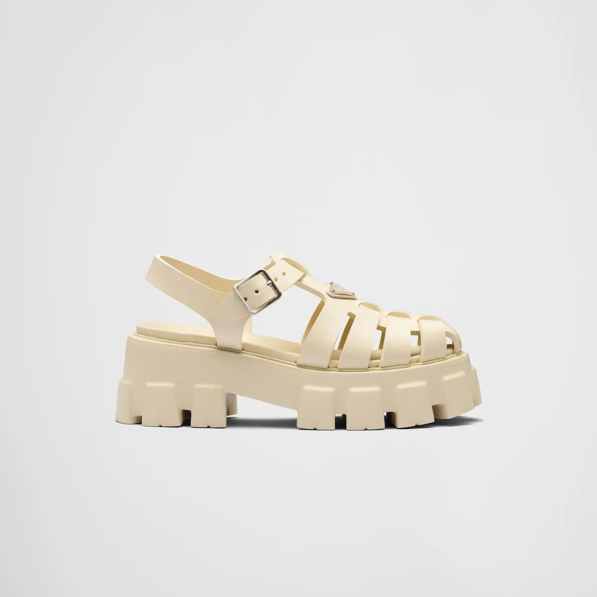 PRADA Quartz colored rubber Monolith sandals