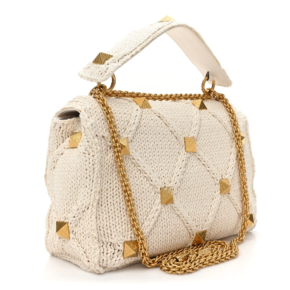 Valentino Garavani Large Roman Stud Shoulder Bag Ecru Knit Gold Hardware