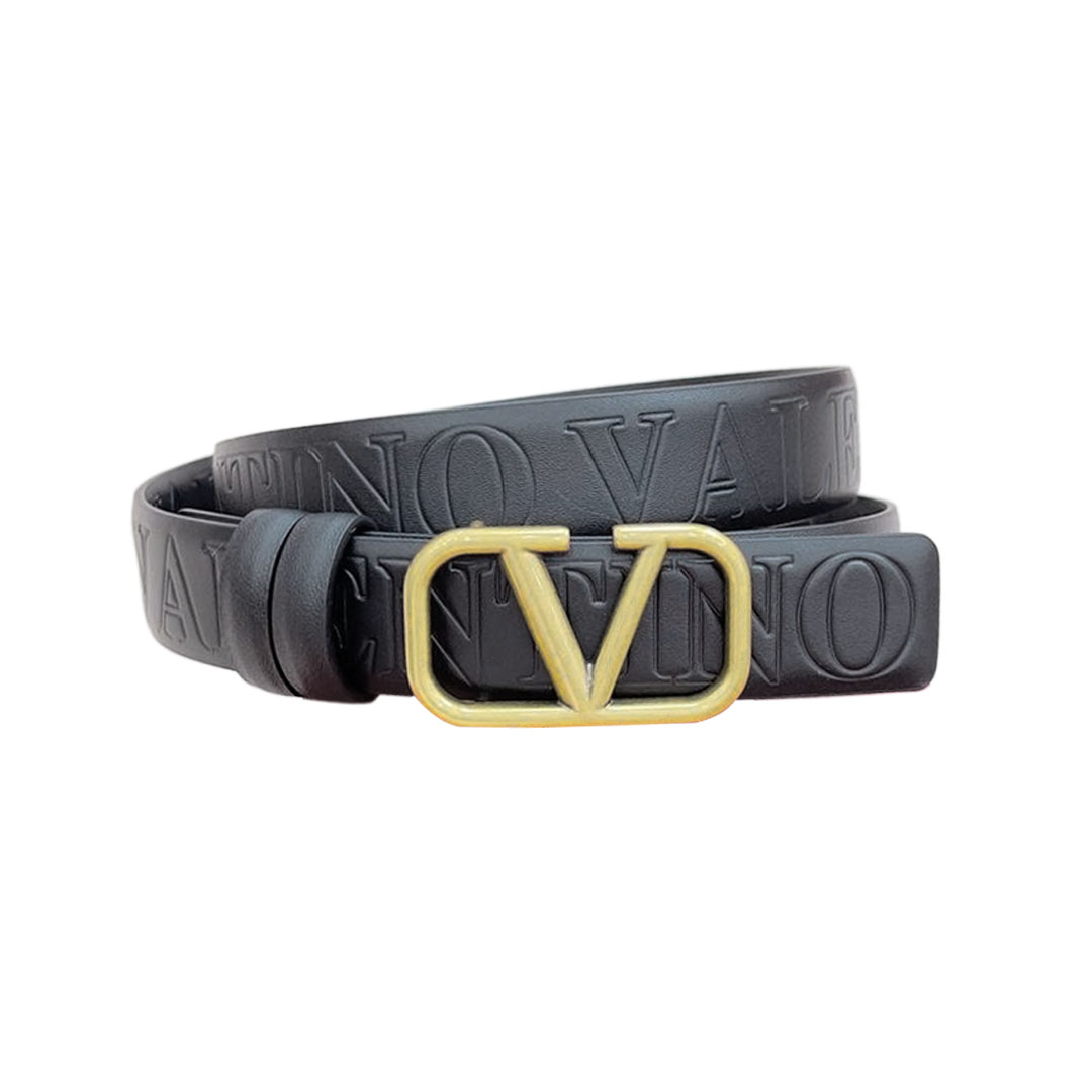 Valentino V Buckle Belt In Black Monogram Logo Calfskin With Gold Hardware 20mm