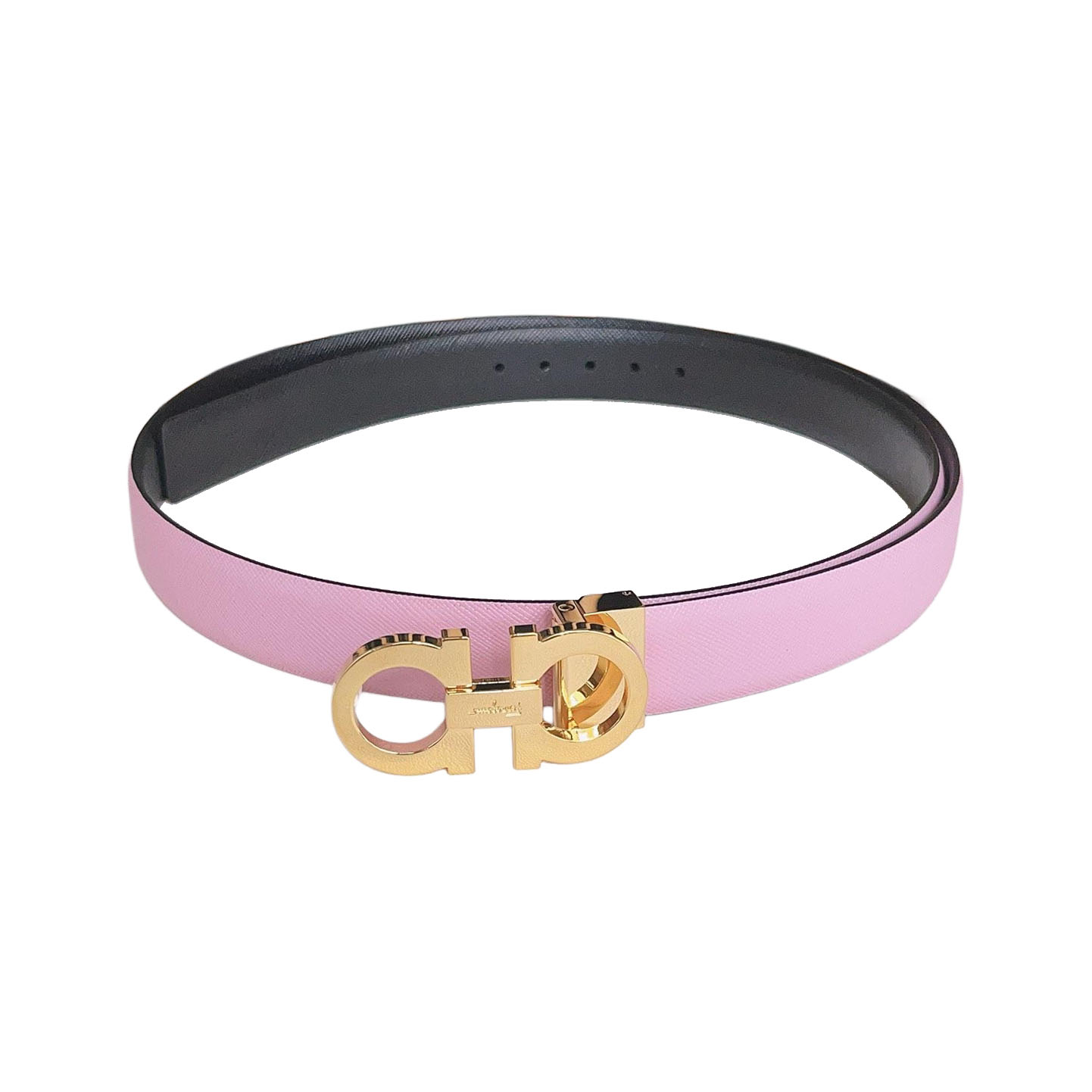 Ferragamo Women's Reversible Double Gancini Belt In Pink/Blue/Pale Pink Calfskin With Gold/Silver Hardware 25mm