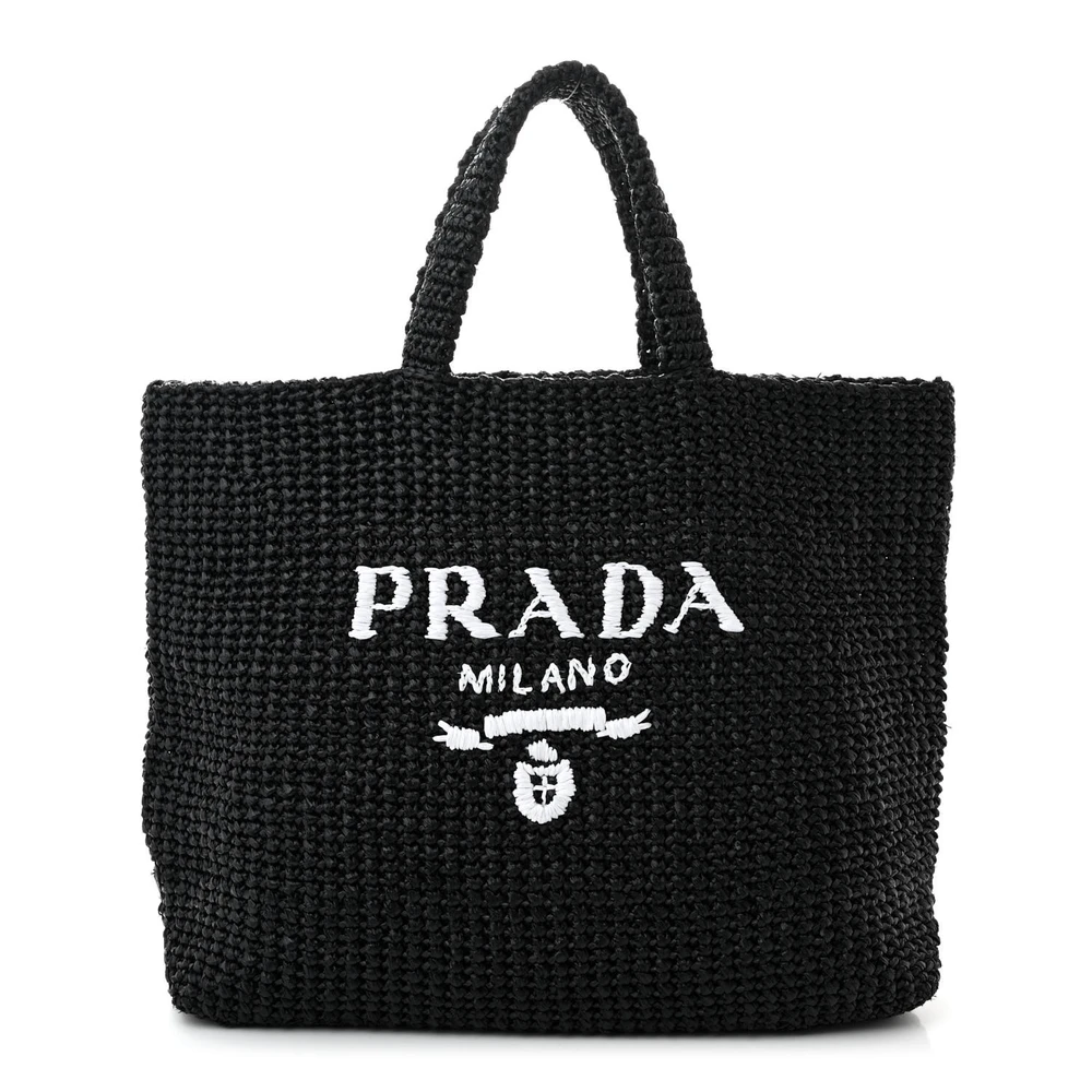 Prada Large Effect Crochet Logo Tote Bag Black Yarn Raffia