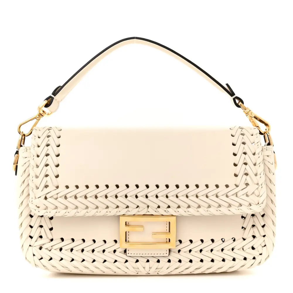 Fendi Ceylon Woven Baguette White Ice King Vitello Leather Gold Hardware