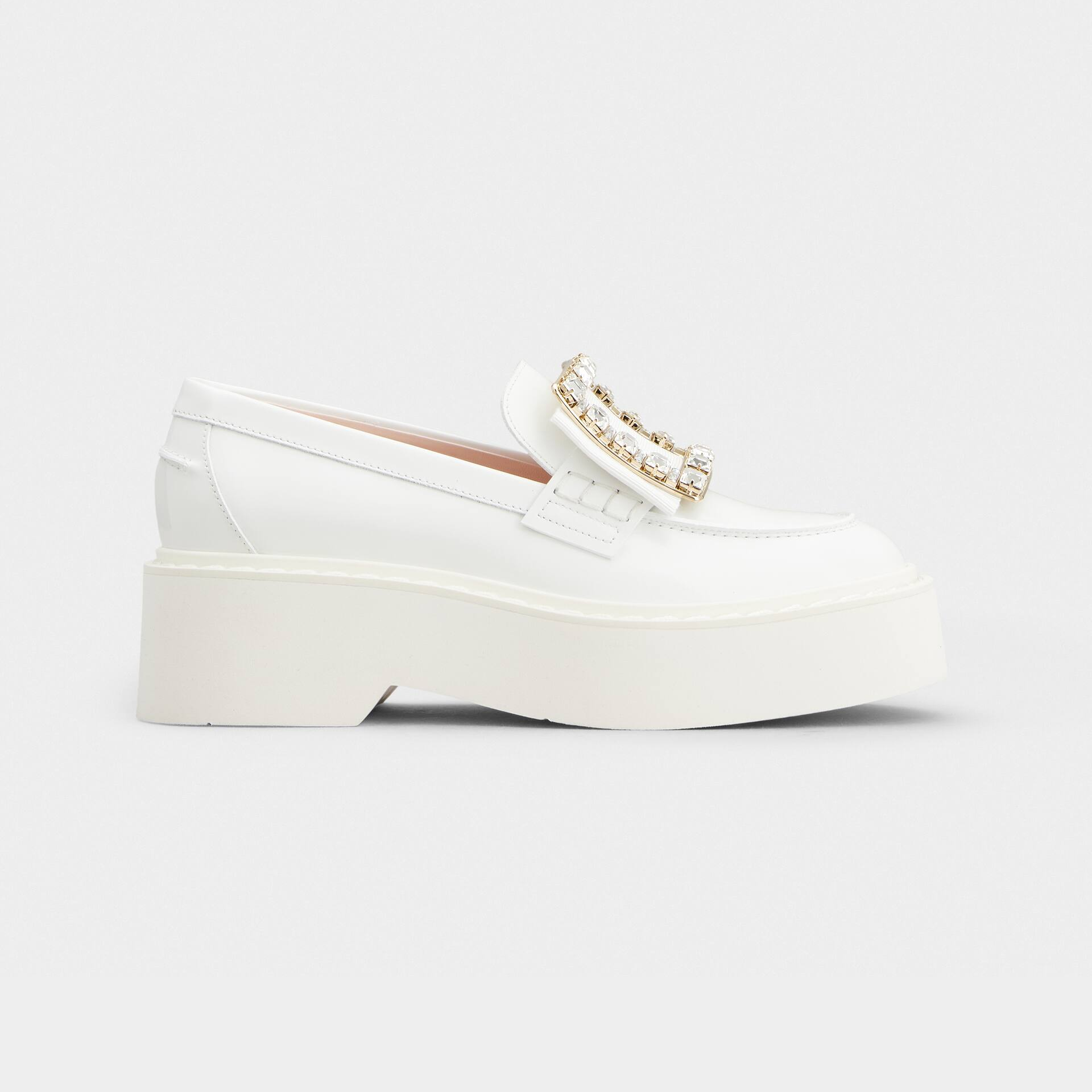Roger Vivier Viv' Rangers Loafers In White Patent Leather With Crystal Buckle (Heel Height 5.5cm)