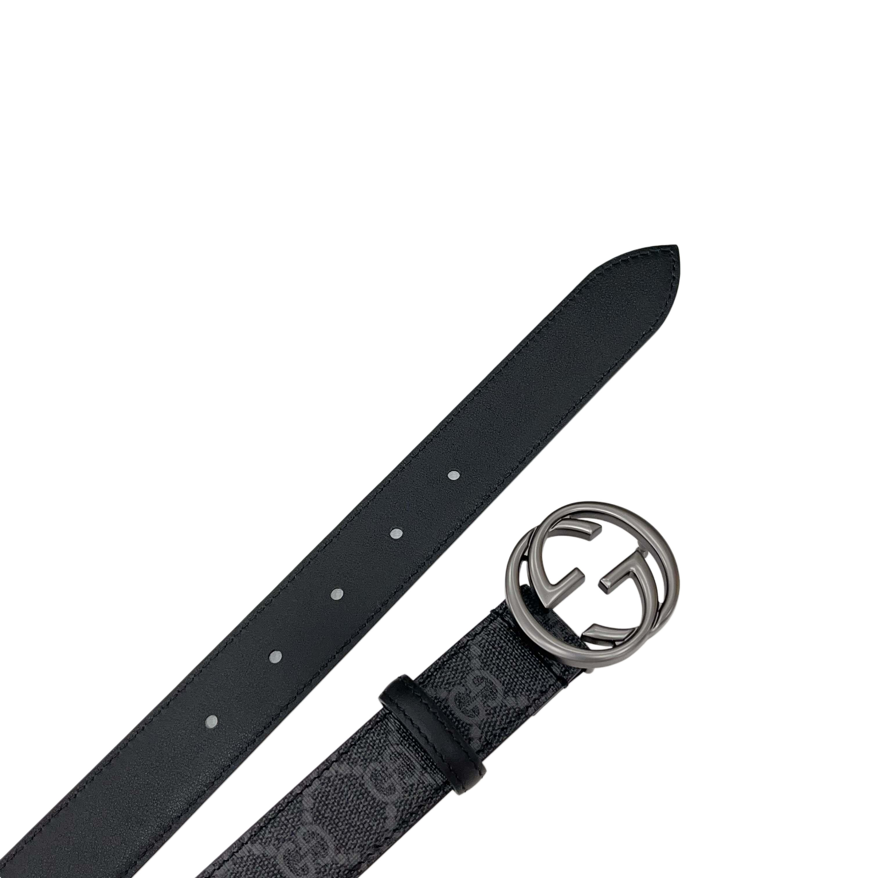 Gucci Women's Round GG Buckle Marmont Reversible Belt In Black/Brown Calfskin And Beige/Black Monogram Cavans With Gold/Silver Hardware 30mm