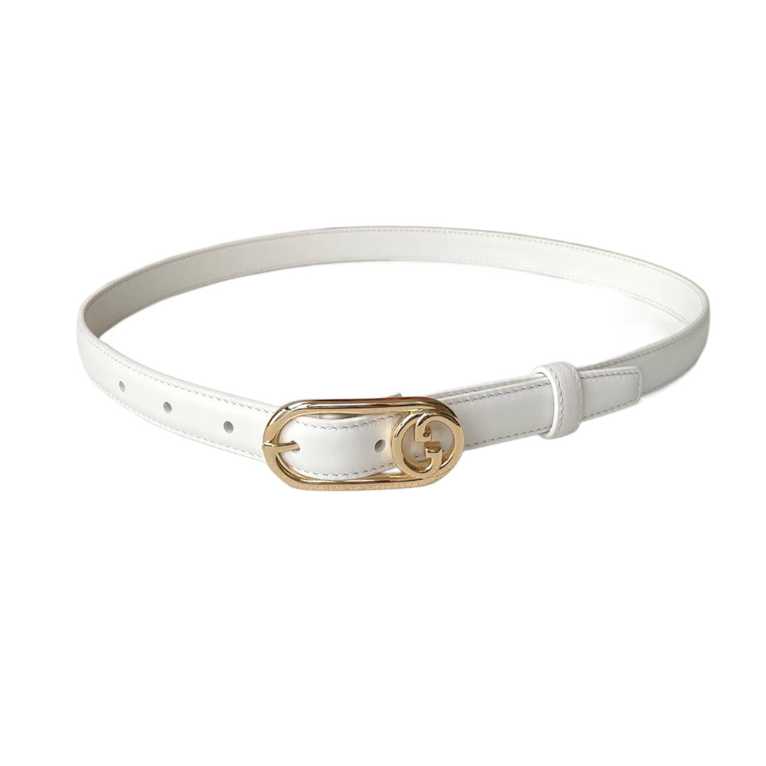 Gucci Women's Oval Belt In White/Black Smooth Calfskin With Gold/Silver Hardware 20mm