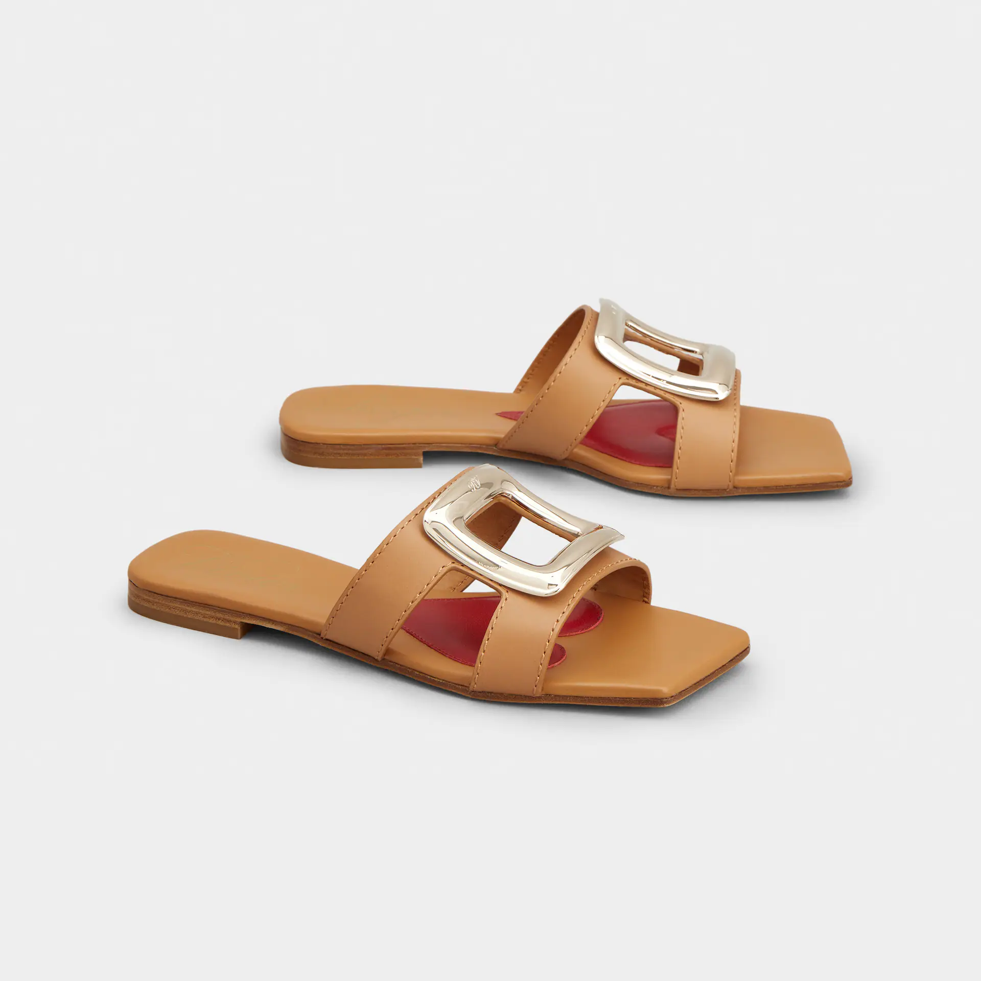 Roger Vivier Viv' By The Sea Mules Flats In Orange Leather With Metal Buckle