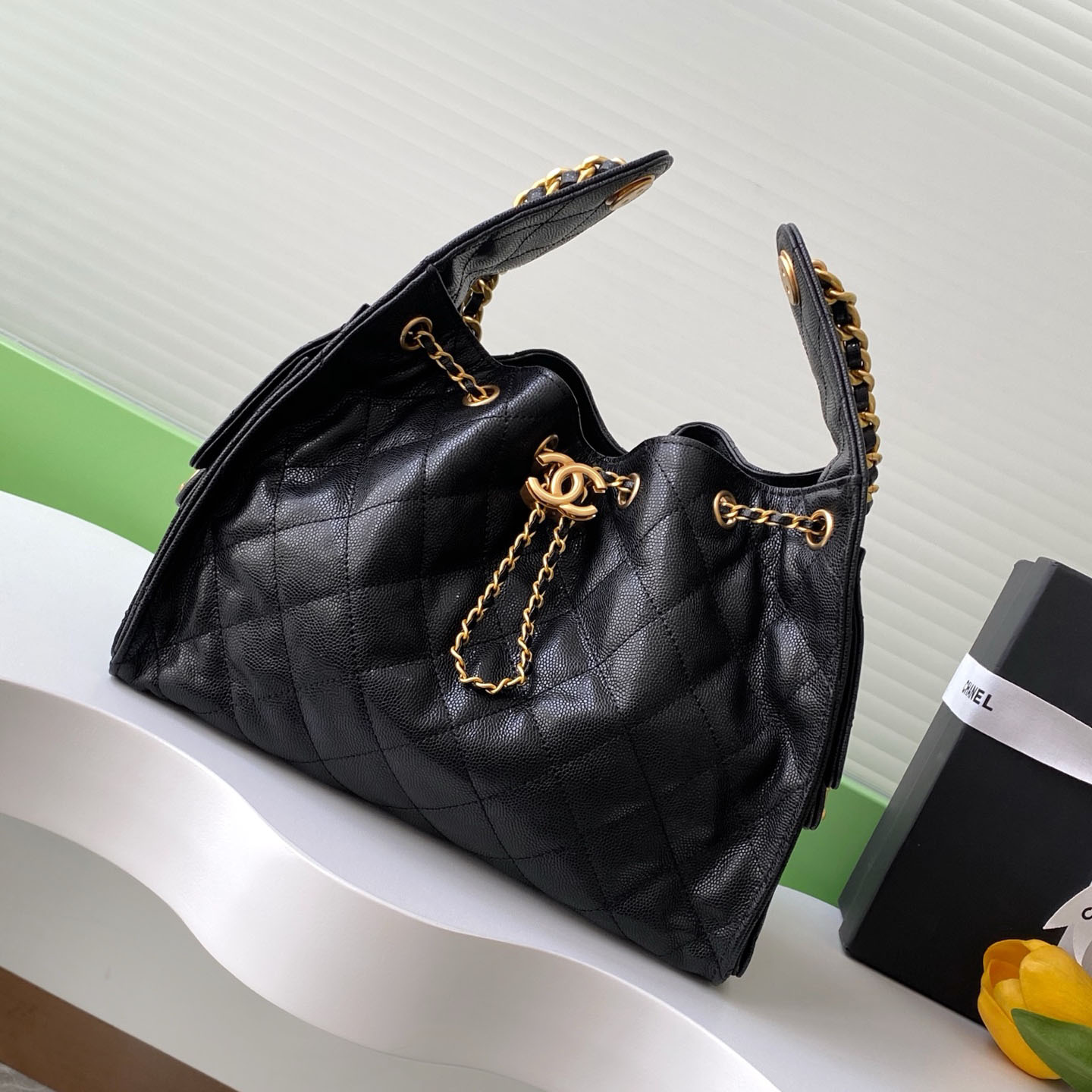 Chanel Black Quilted Shiny Calfskin Leather / Abrasive Sand Leather / Quilted Caviar Leather Shoulder Bags