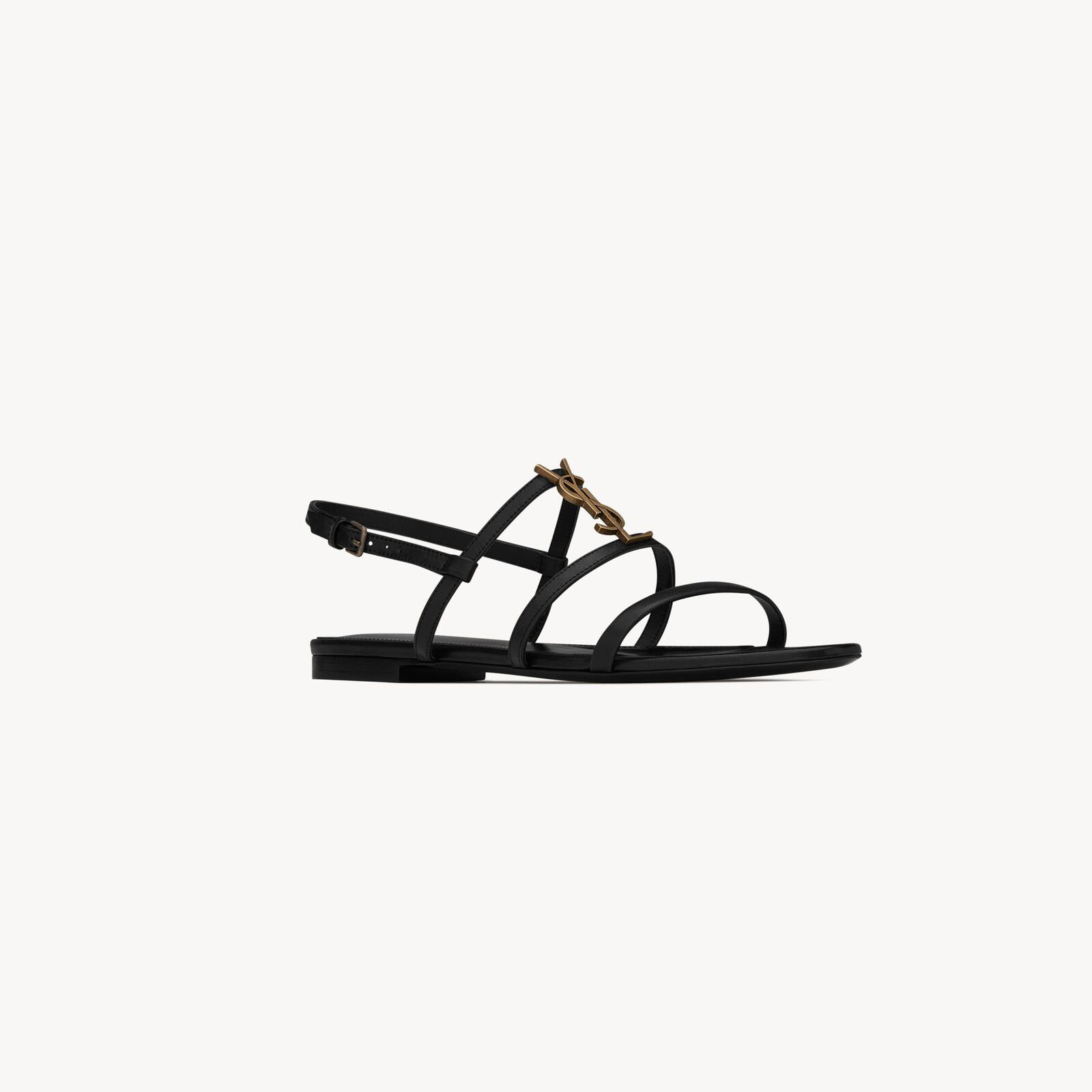 Yves Saint Laurent Gold lettering logo black smooth leather Sandal