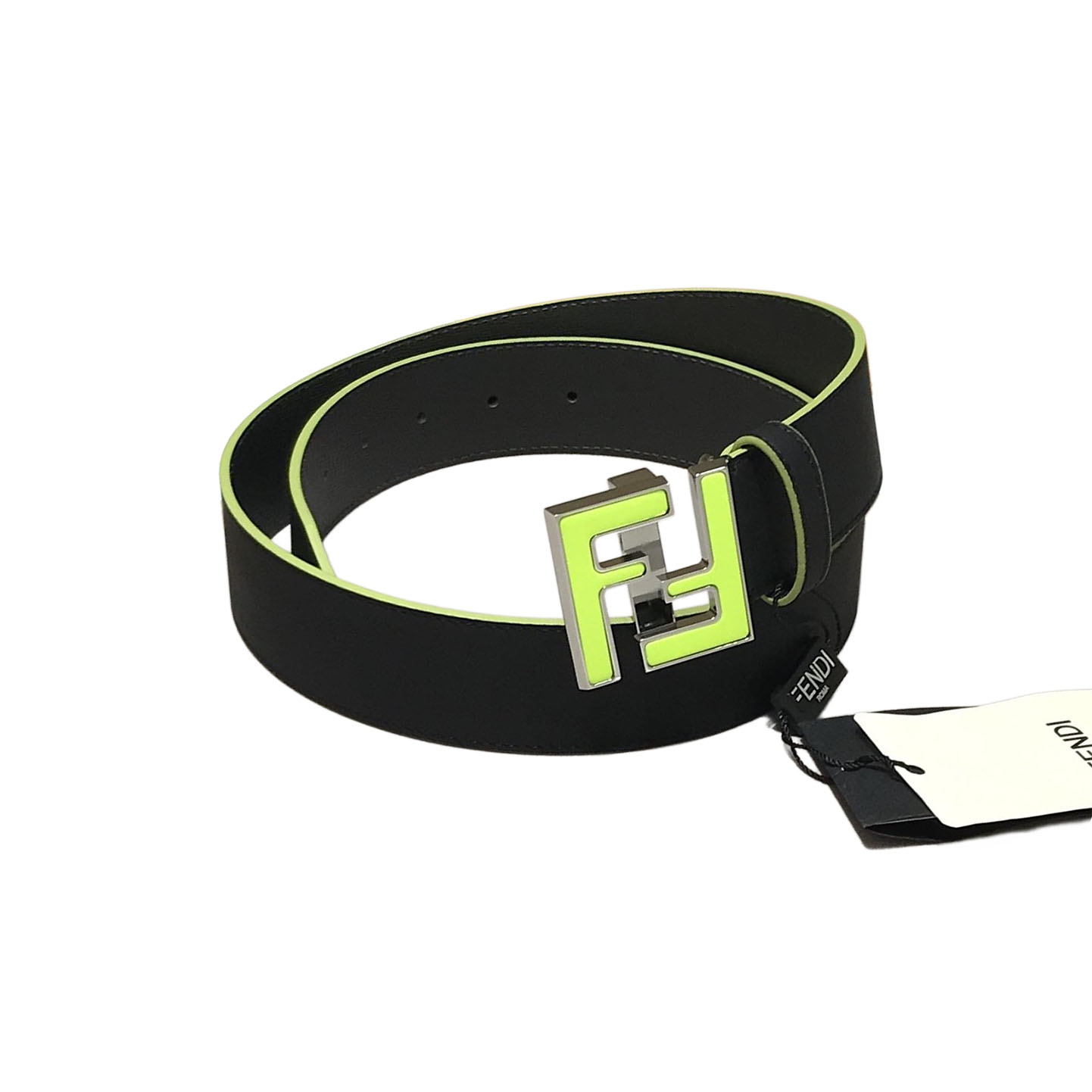 Fendi Men's Squared FF Buckle Belt In Black/Blue Smooth Calfskin With Silver Hardware 40mm