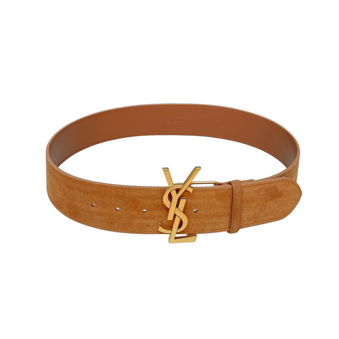 Saint Laurent Pairs Belt In Brown/Coffee Suede Leather With Gold/Silver Hardware 50mm