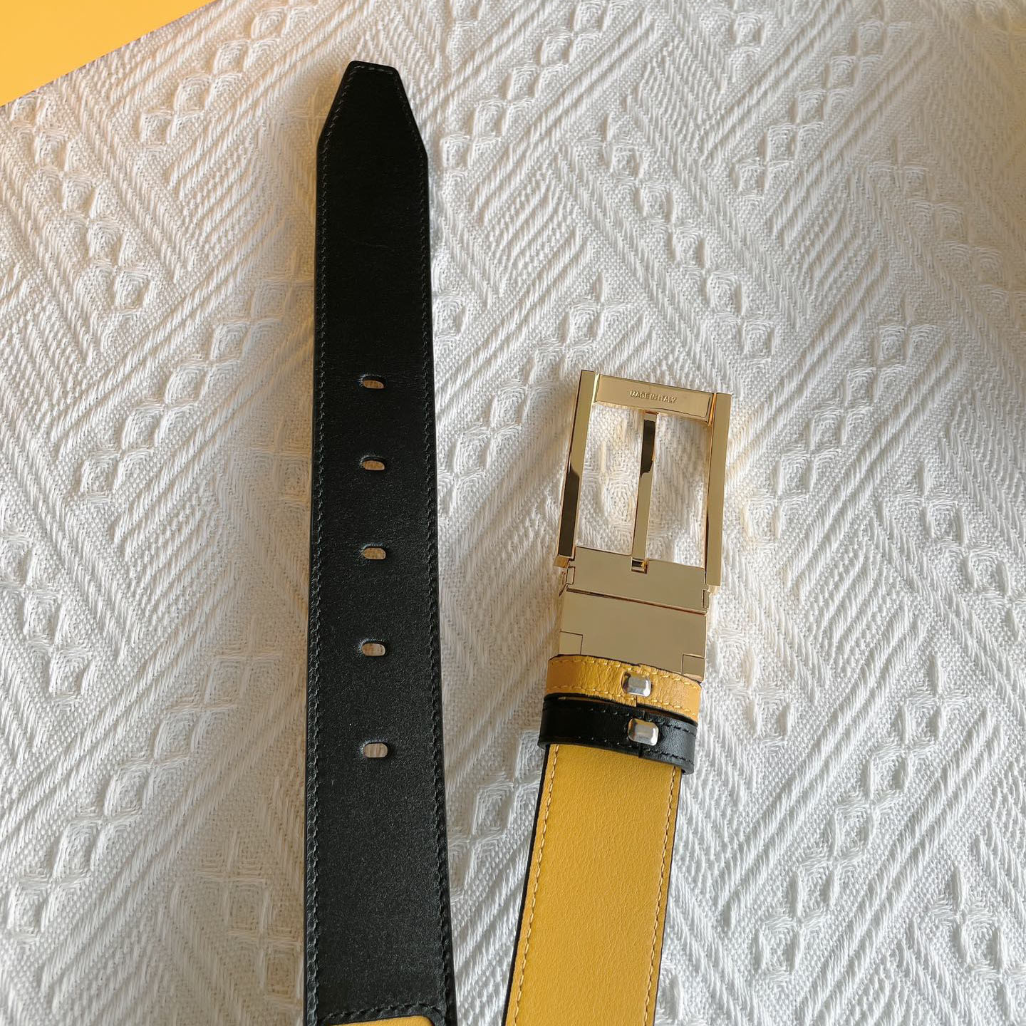 Fendi Men's FF Monster Eyes Reversible Belt In Black/Yellow/Red Smooth Calfskin With Gold Hardware 35mm