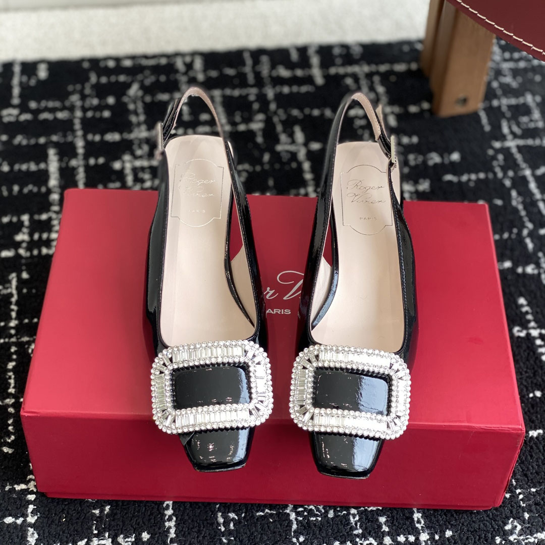 Roger Vivier Belle Viver Slingback Pumps High Heels In Black Patent Leather With Crystal Buckle (Heel Height 4.5cm)