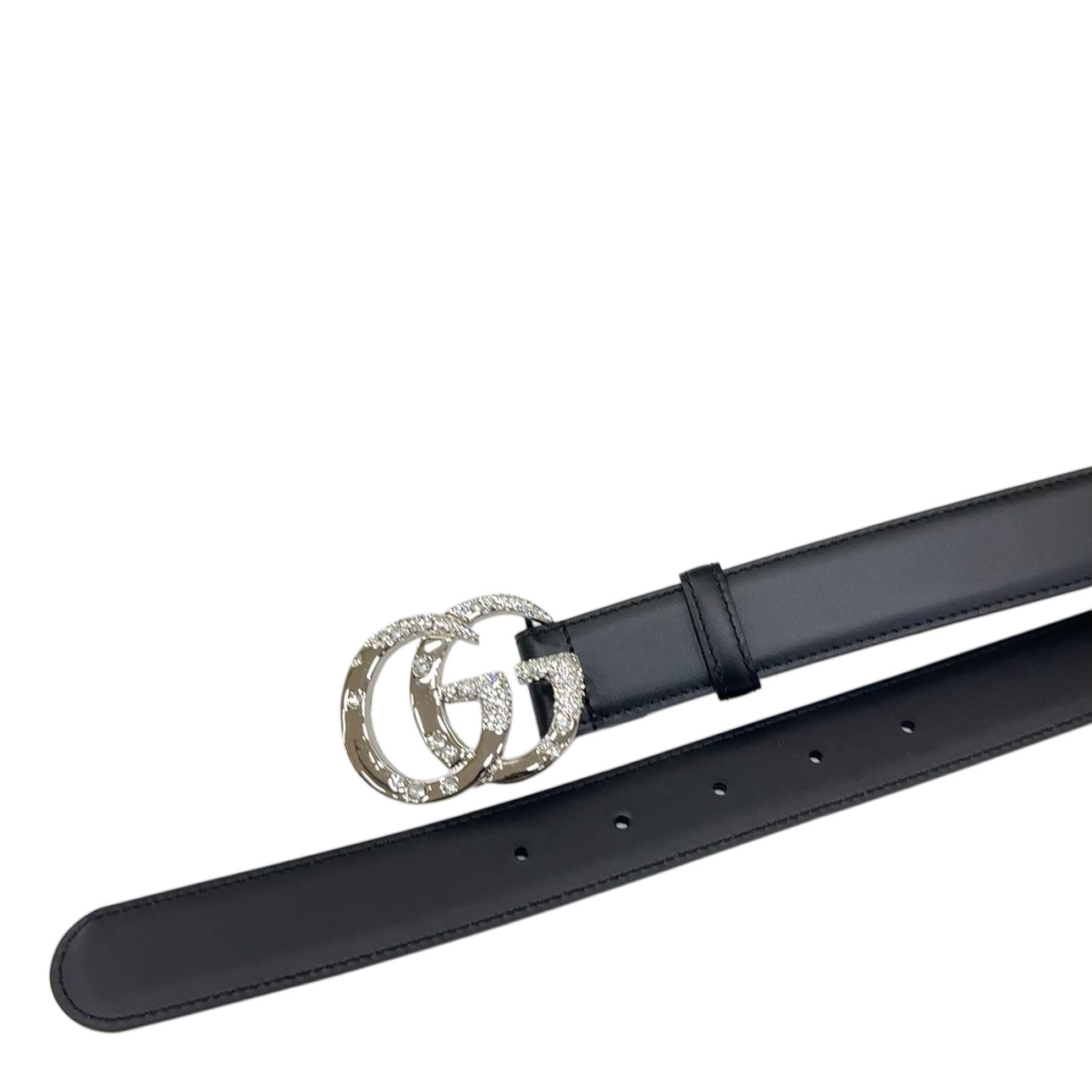 Gucci Women's GG Buckle With Beading Marmont Thin Belt In Black/White/Brown/Silver Smooth Calfskin With Gold/Silver Hardware 30mm